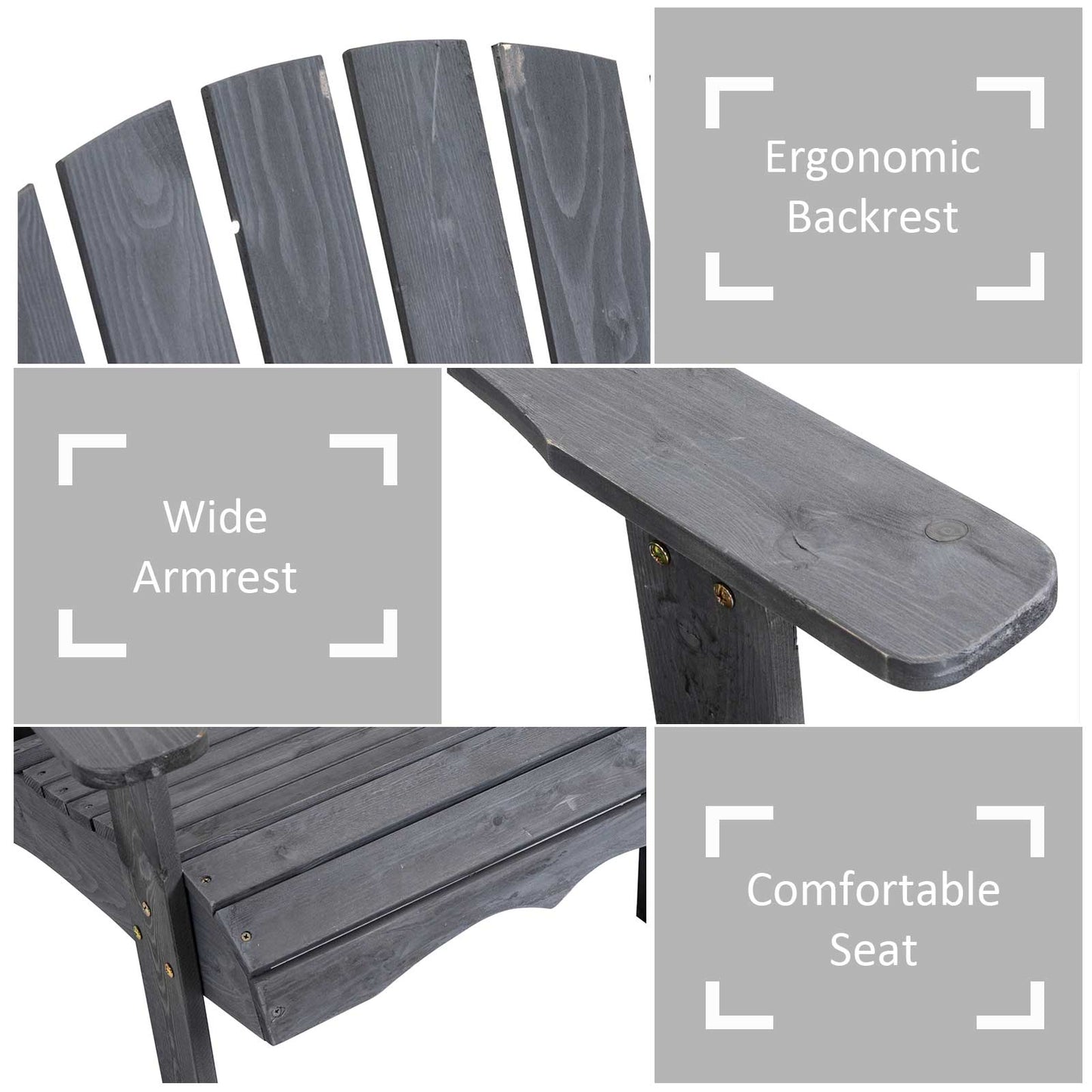 Wooden Outdoor Double Adirondack Chairs Loveseat w/ Centre Table and Umbrella Hole, Garden Patio Furniture for Lounging and Relaxing, Dark Grey
