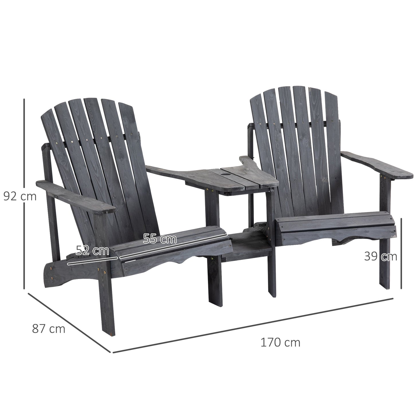 Wooden Outdoor Double Adirondack Chairs Loveseat w/ Centre Table and Umbrella Hole, Garden Patio Furniture for Lounging and Relaxing, Dark Grey