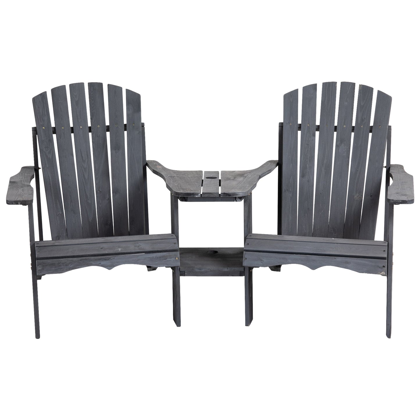 Wooden Outdoor Double Adirondack Chairs Loveseat w/ Centre Table and Umbrella Hole, Garden Patio Furniture for Lounging and Relaxing, Dark Grey