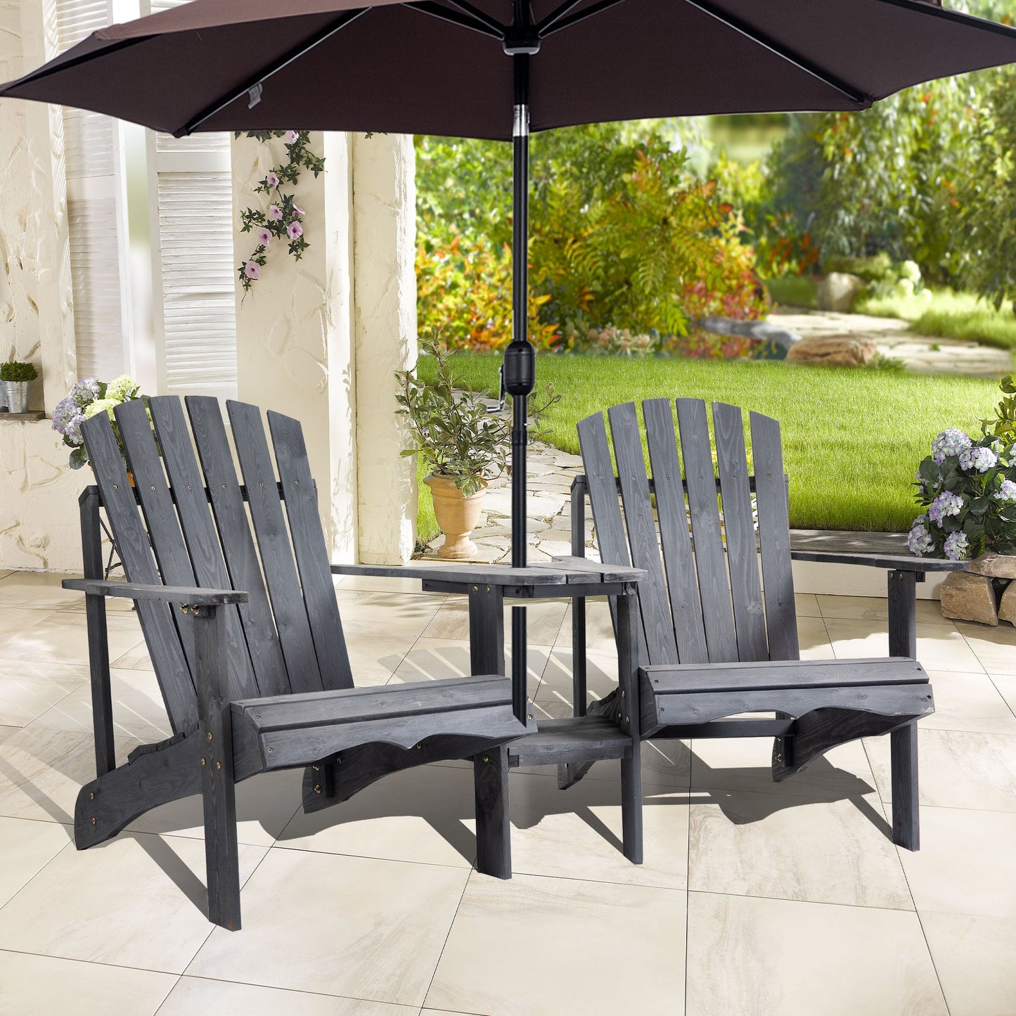 Wooden Outdoor Double Adirondack Chairs Loveseat w/ Centre Table and Umbrella Hole, Garden Patio Furniture for Lounging and Relaxing, Dark Grey
