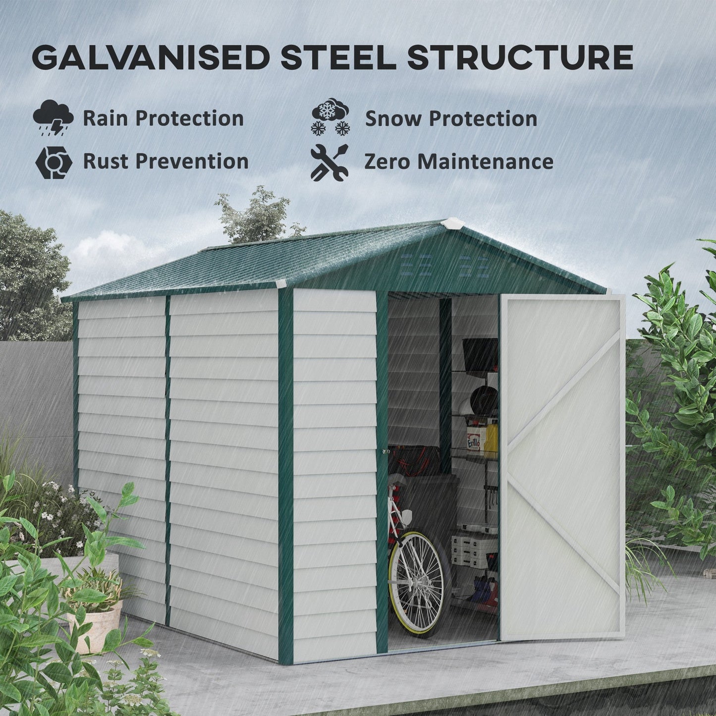 9 x 6FT Metal Garden Shed, Galvanised Outdoor Storage Shed with Window, Lockable Door, Tool Storage Shed for Yard, Patio, Lawn, Green