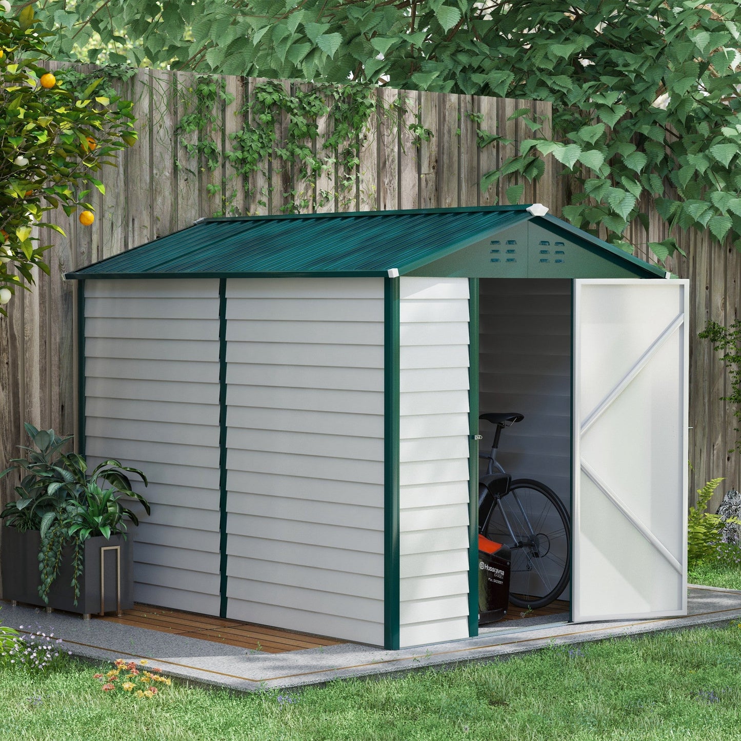 9 x 6FT Metal Garden Shed, Galvanised Outdoor Storage Shed with Window, Lockable Door, Tool Storage Shed for Yard, Patio, Lawn, Green
