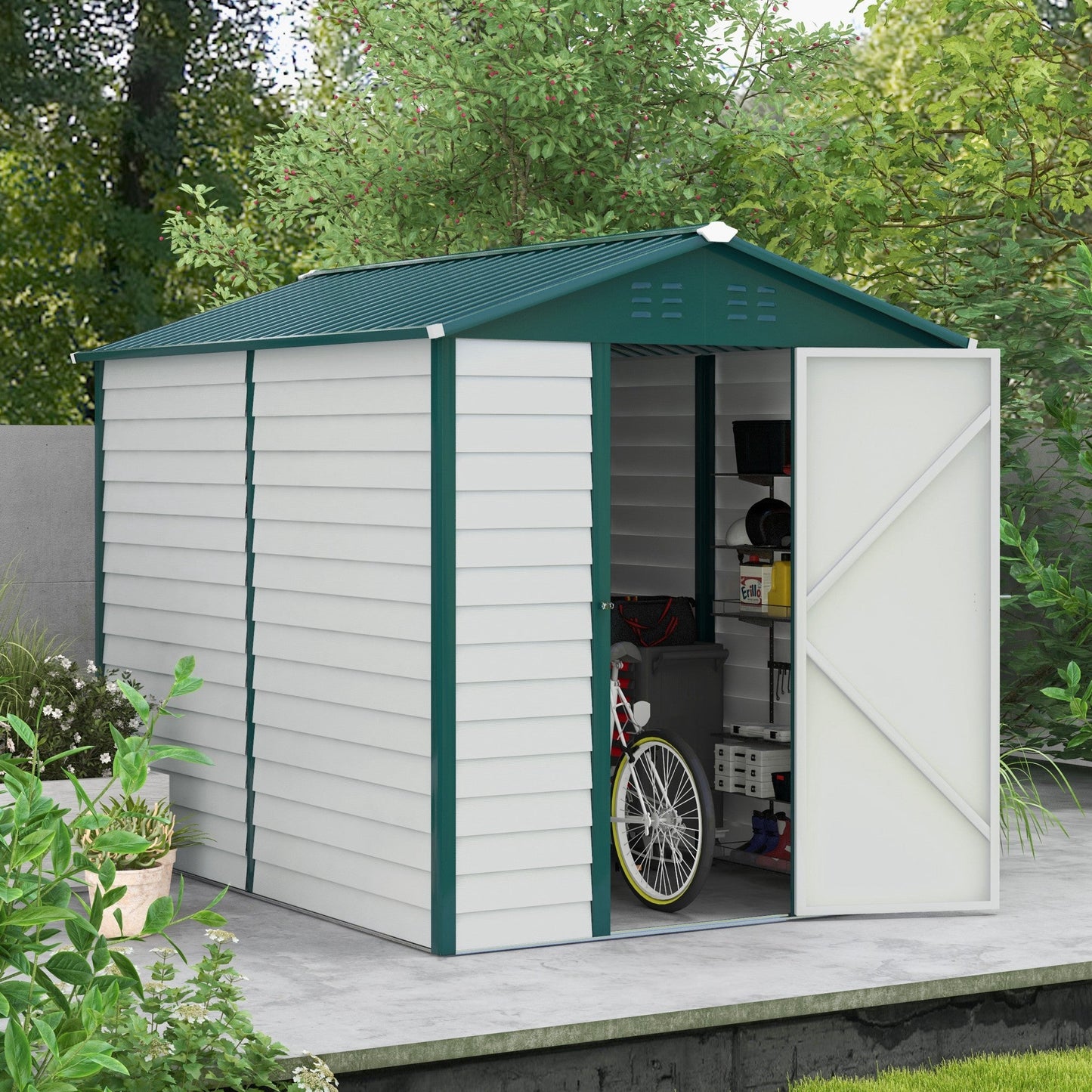 9 x 6FT Metal Garden Shed, Galvanised Outdoor Storage Shed with Window, Lockable Door, Tool Storage Shed for Yard, Patio, Lawn, Green