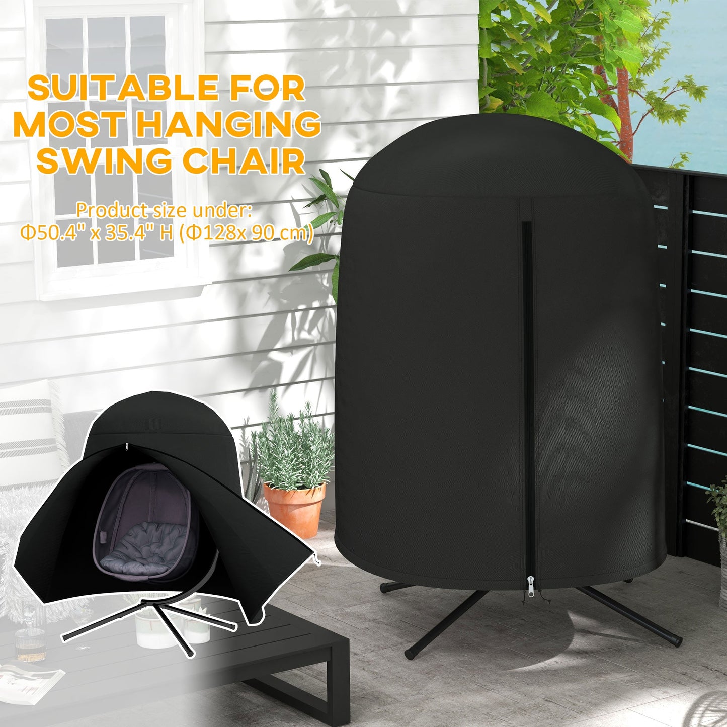 Hanging Egg Chair Cover, Outdoor Single Swing Chair Cover, Waterproof Anti-dust Furniture Protector with Zipper, 420D Oxford Fabric for Φ128 x 190H cm Stand, Black