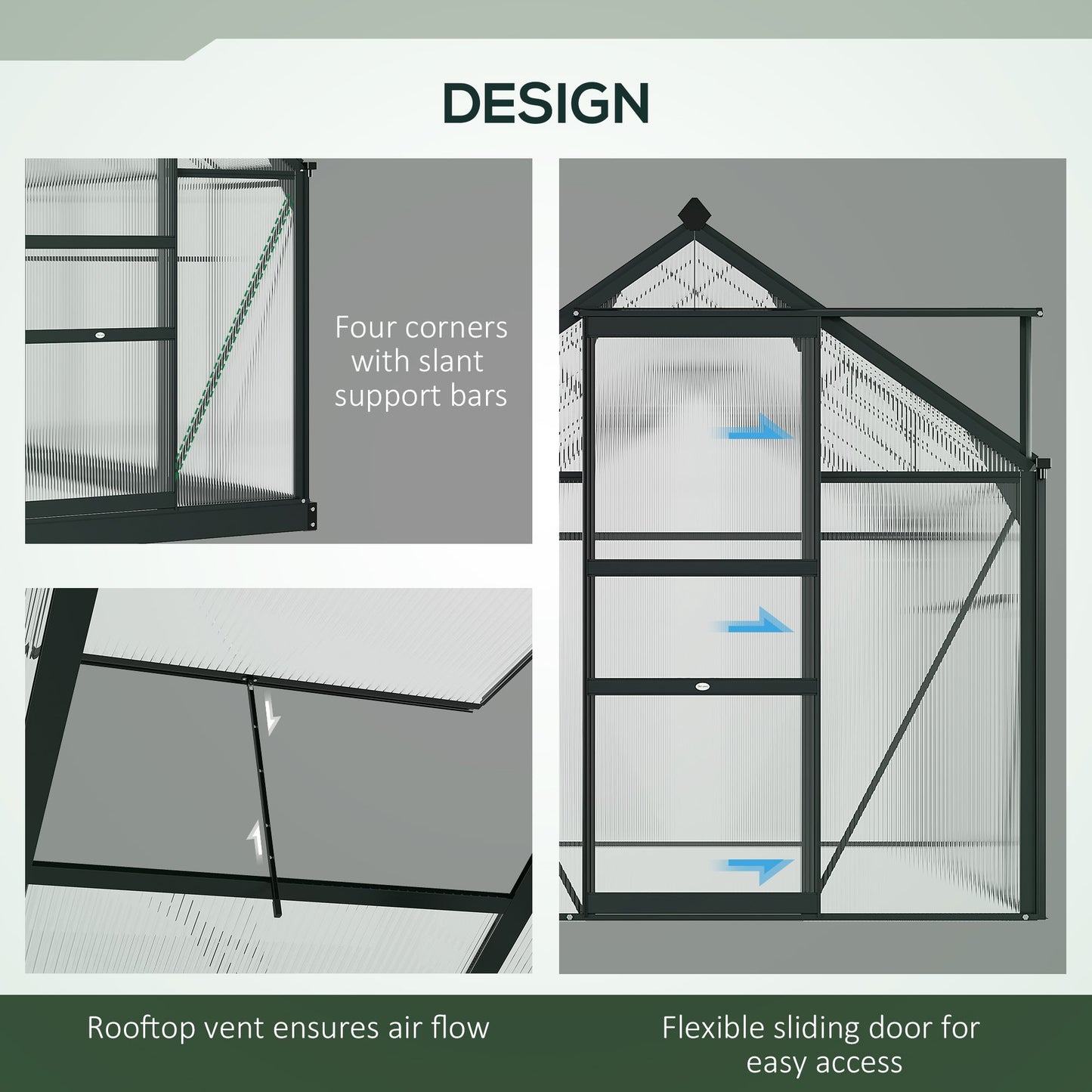 6 x 8ft Polycarbonate Greenhouse, Large Walk-In Green House with Slide Door and Window, Garden Plants Grow House with Aluminium Frame and Foundation, Grey