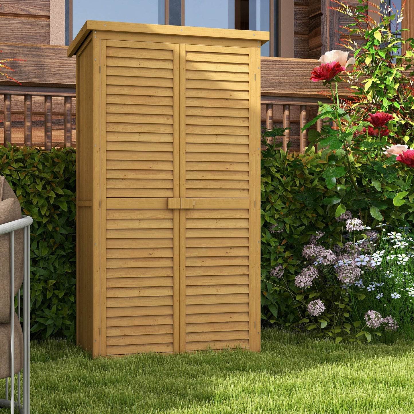 Small Shed, Wooden Garden Storage Shed, 3 Shelves Outdoor Tool Shed Cabinet with Asphalt Roof and Shutter Doors, 87cm x 47cm x 160cm, Natural Wood Finish
