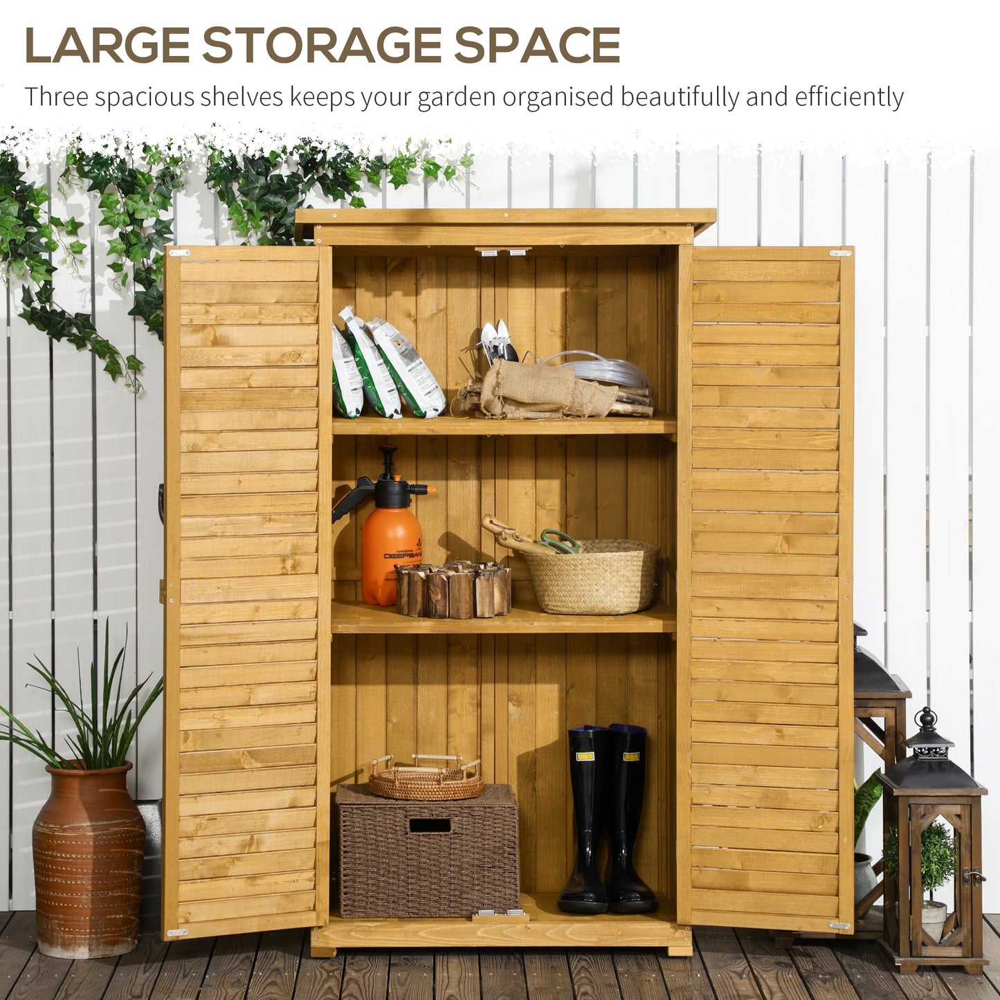 Small Shed, Wooden Garden Storage Shed, 3 Shelves Outdoor Tool Shed Cabinet with Asphalt Roof and Shutter Doors, 87cm x 47cm x 160cm, Natural Wood Finish