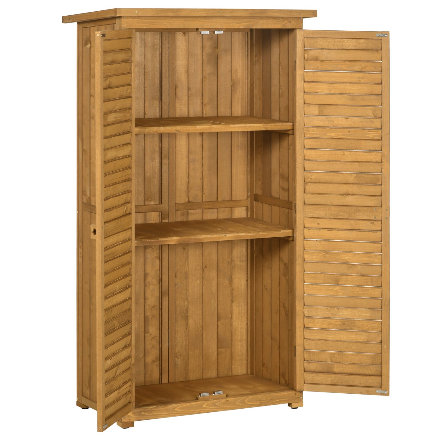Small Shed, Wooden Garden Storage Shed, 3 Shelves Outdoor Tool Shed Cabinet with Asphalt Roof and Shutter Doors, 87cm x 47cm x 160cm, Natural Wood Finish