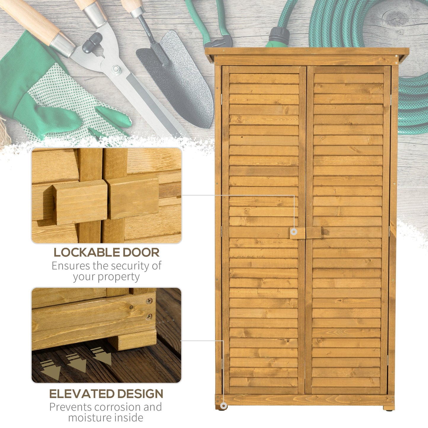 Small Shed, Wooden Garden Storage Shed, 3 Shelves Outdoor Tool Shed Cabinet with Asphalt Roof and Shutter Doors, 87cm x 47cm x 160cm, Natural Wood Finish