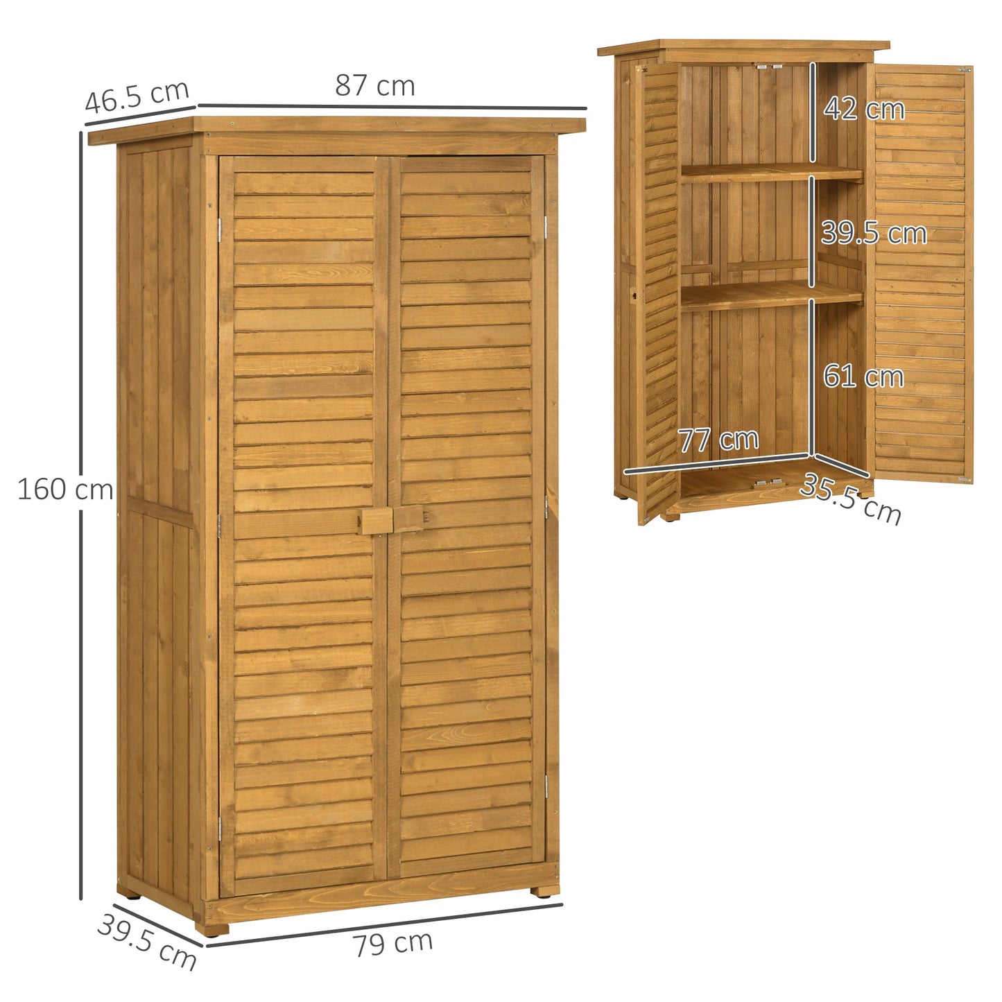 Small Shed, Wooden Garden Storage Shed, 3 Shelves Outdoor Tool Shed Cabinet with Asphalt Roof and Shutter Doors, 87cm x 47cm x 160cm, Natural Wood Finish