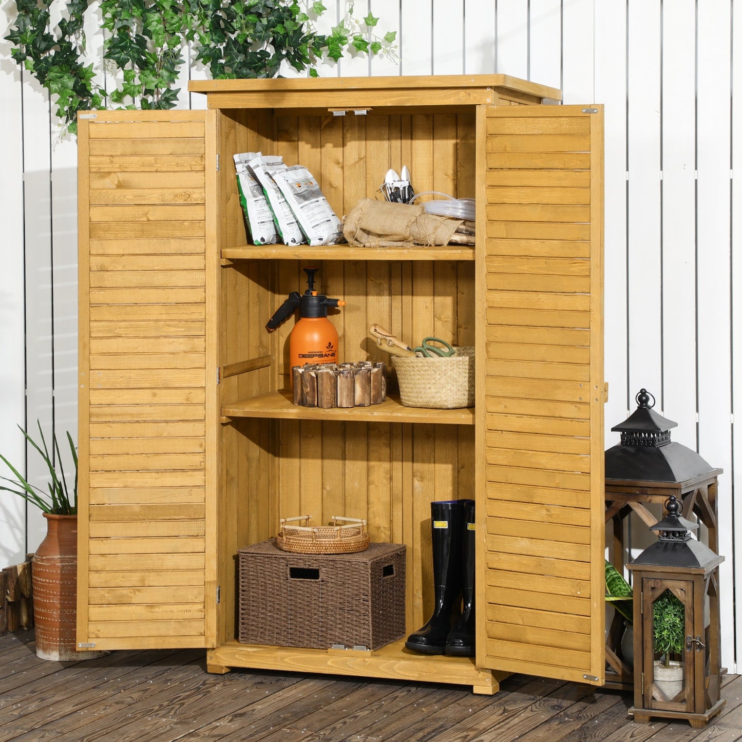 Small Shed, Wooden Garden Storage Shed, 3 Shelves Outdoor Tool Shed Cabinet with Asphalt Roof and Shutter Doors, 87cm x 47cm x 160cm, Natural Wood Finish