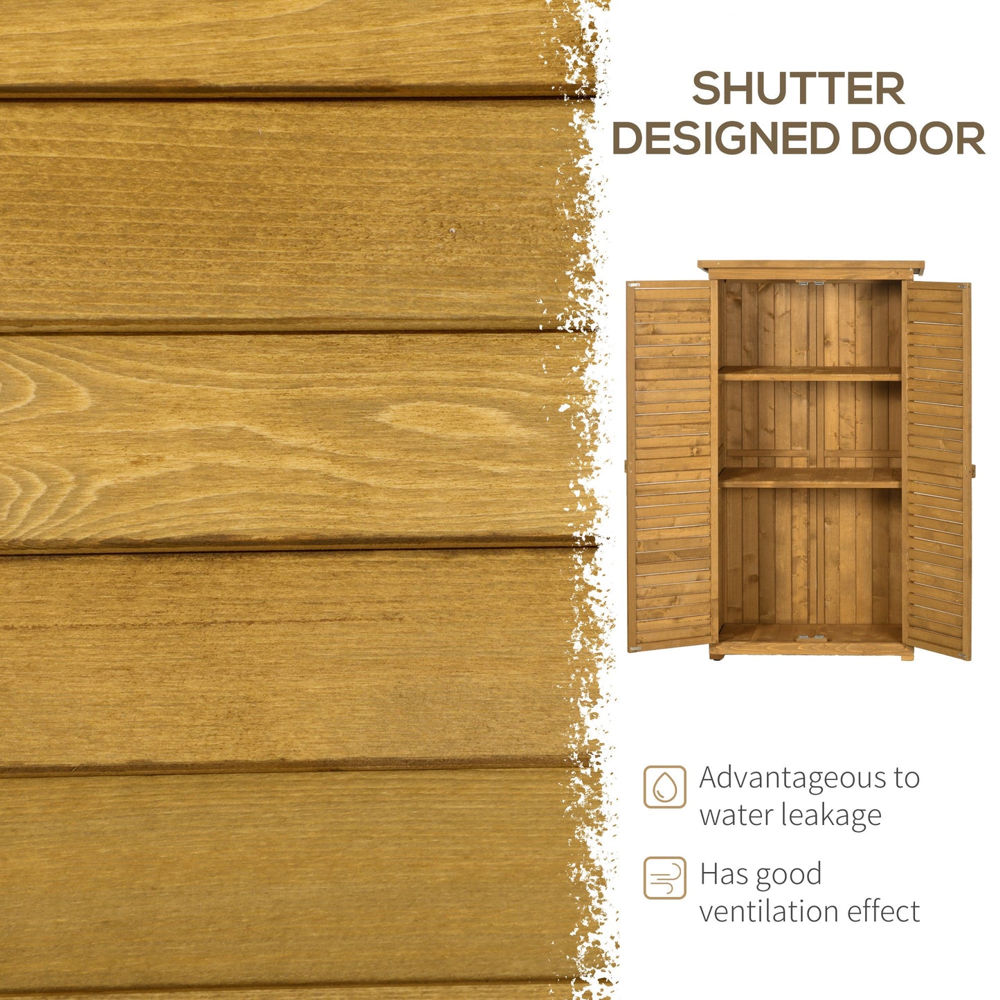Small Shed, Wooden Garden Storage Shed, 3 Shelves Outdoor Tool Shed Cabinet with Asphalt Roof and Shutter Doors, 87cm x 47cm x 160cm, Natural Wood Finish