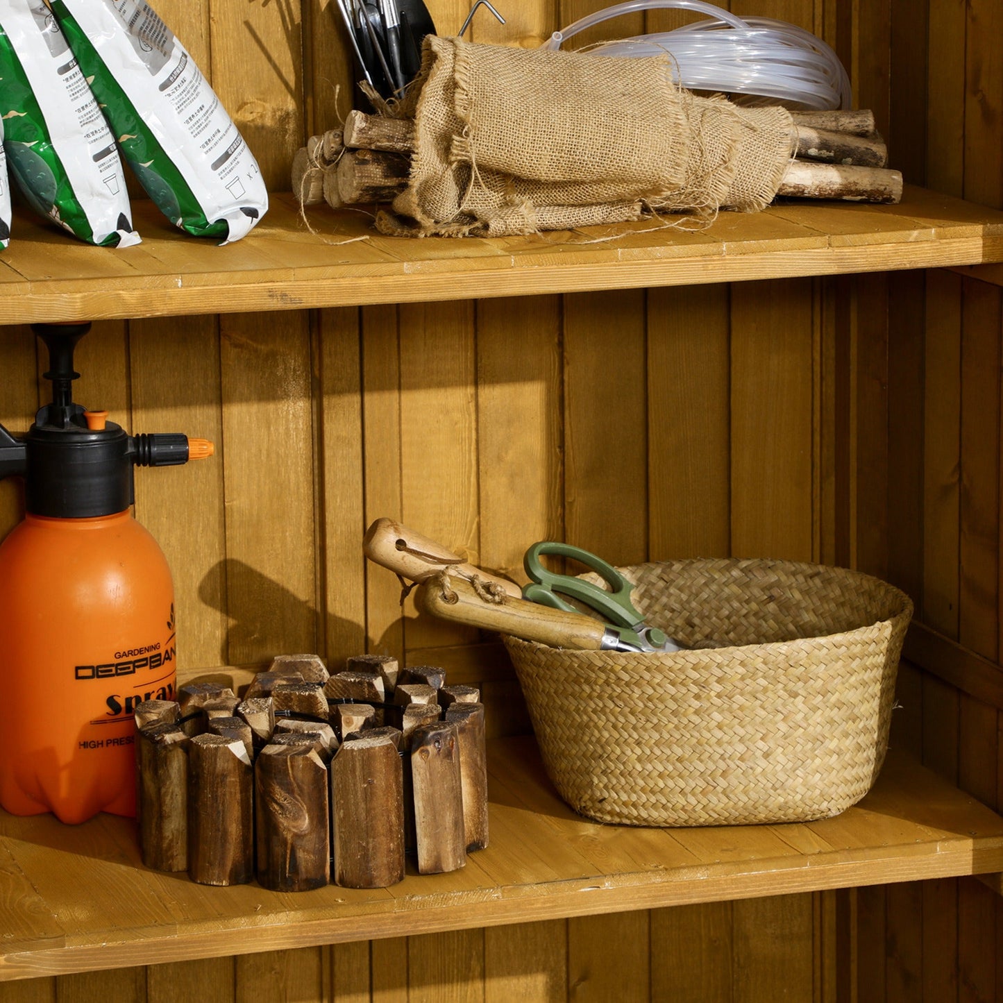 Small Shed, Wooden Garden Storage Shed, 3 Shelves Outdoor Tool Shed Cabinet with Asphalt Roof and Shutter Doors, 87cm x 47cm x 160cm, Natural Wood Finish