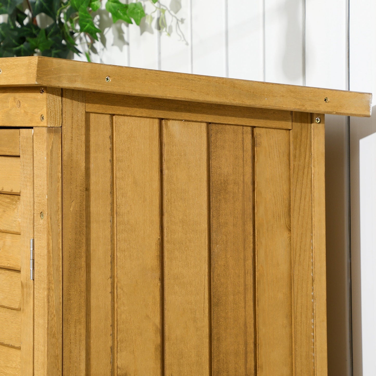 Small Shed, Wooden Garden Storage Shed, 3 Shelves Outdoor Tool Shed Cabinet with Asphalt Roof and Shutter Doors, 87cm x 47cm x 160cm, Natural Wood Finish