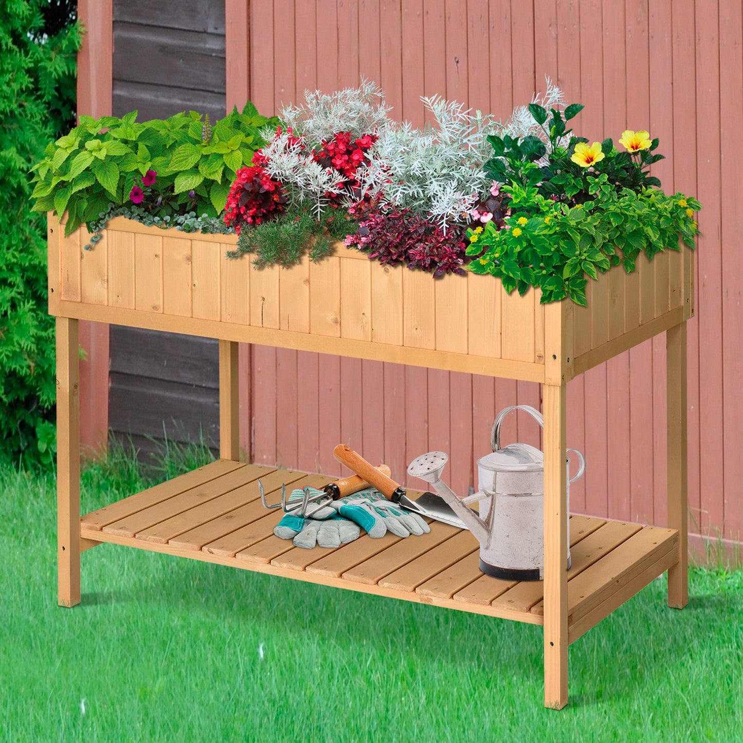 Wooden Herb Planter with 8 Pocket, Raised Bed Container Garden Planter Boxes, 110L x 46W x 76Hcm, Natural
