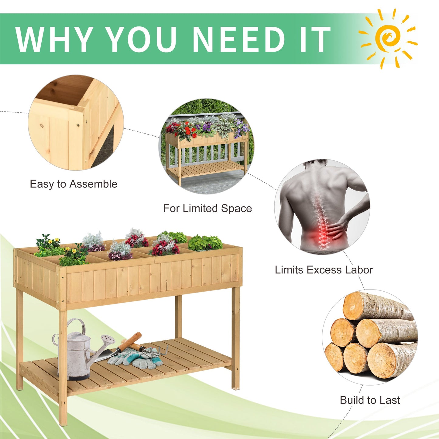 Wooden Herb Planter with 8 Pocket, Raised Bed Container Garden Planter Boxes, 110L x 46W x 76Hcm, Natural
