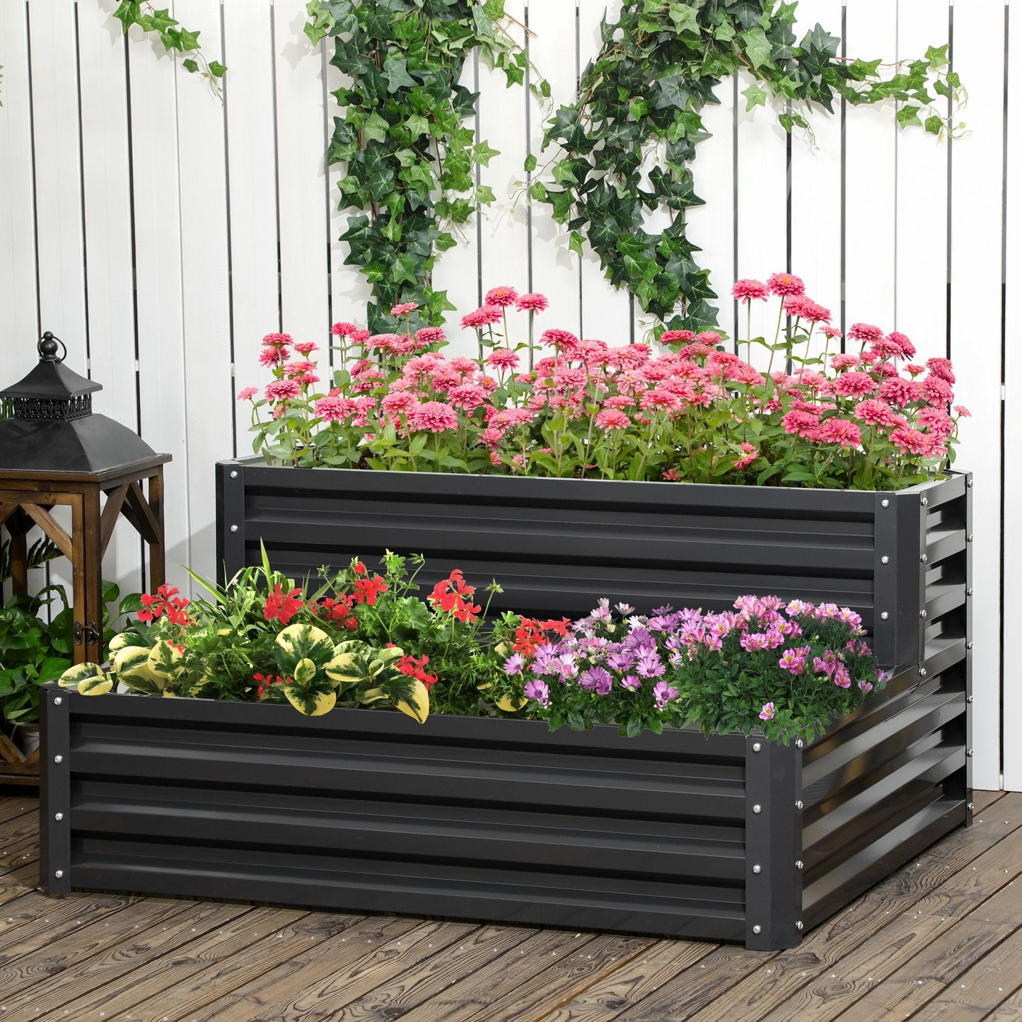 2 Tier Galvanised Raised Garden Bed, Outdoor Steel Planter Box with Open Bottom for Vegetables, Flowers and Herbs, 120 x 101 x 58 cm, Dark Grey