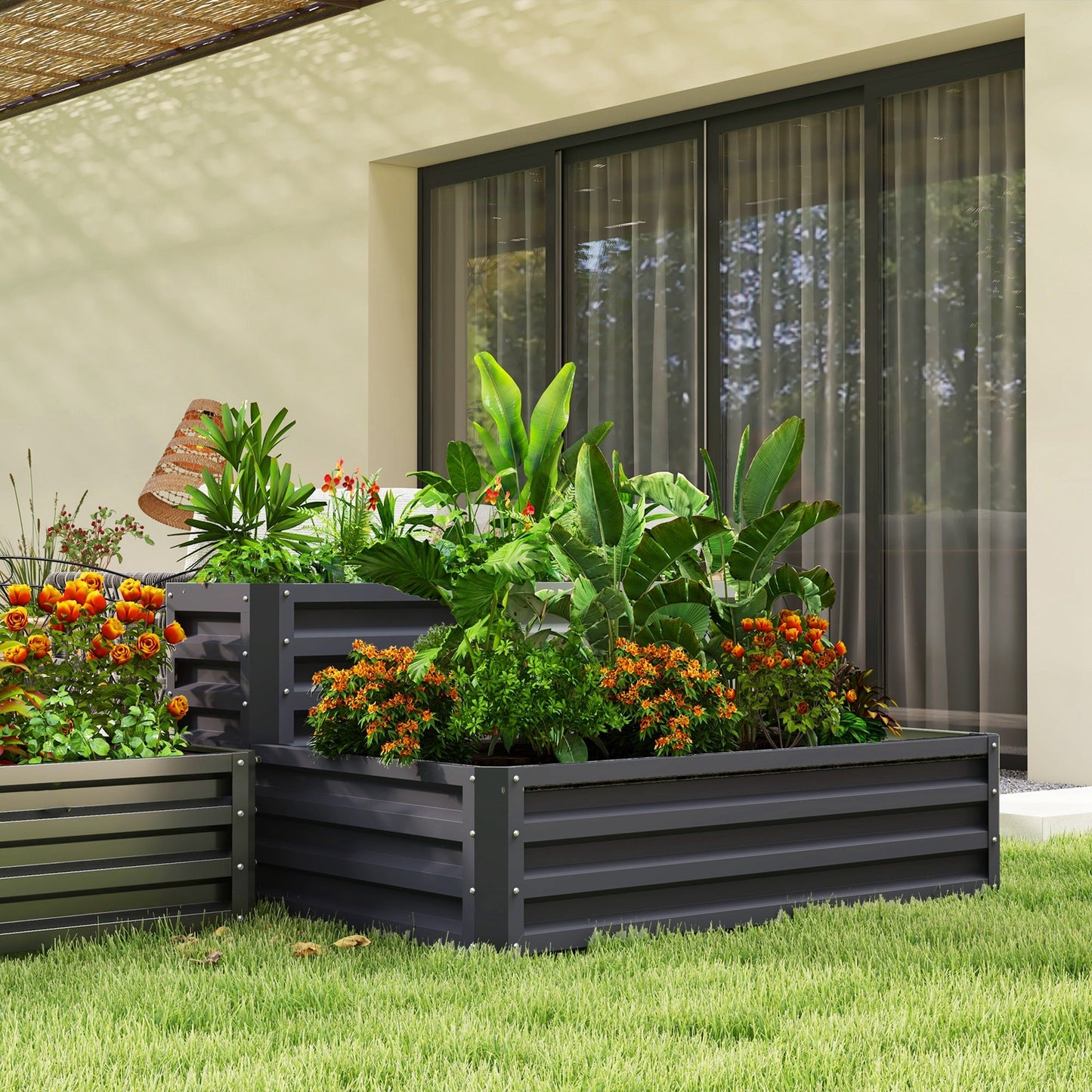 2 Tier Galvanised Raised Garden Bed, Outdoor Steel Planter Box with Open Bottom for Vegetables, Flowers and Herbs, 120 x 101 x 58 cm, Dark Grey