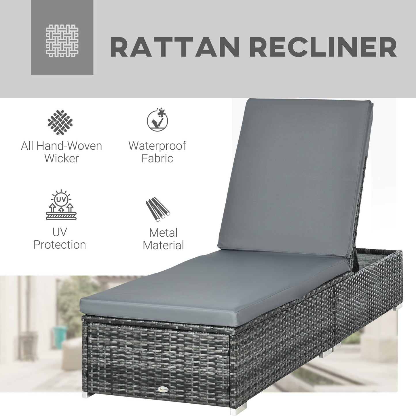 PE Rattan Sun Lounger, Five-level Adjustable Recliner Bed Chair with Soft Padded Cushion for Patio, Garden, Mixed Grey