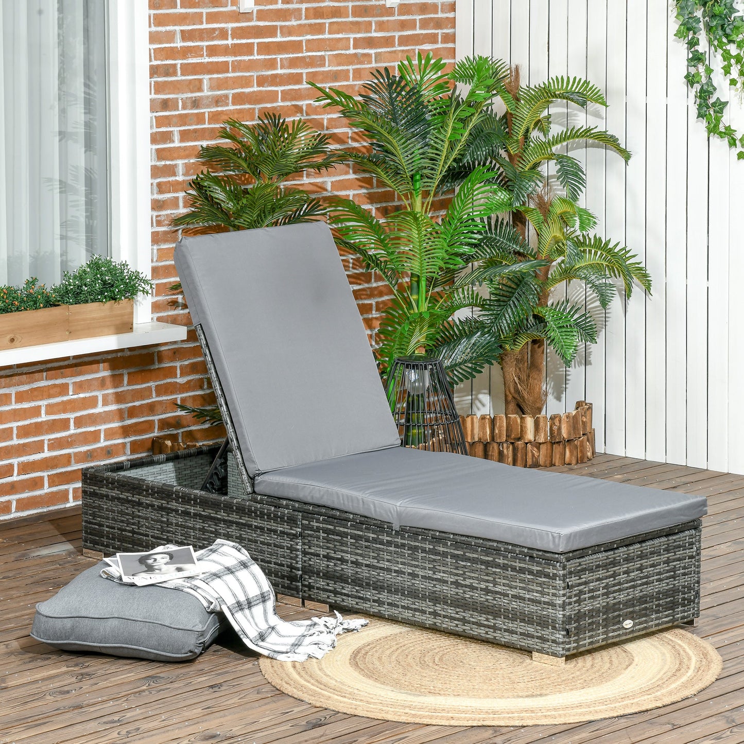 PE Rattan Sun Lounger, Five-level Adjustable Recliner Bed Chair with Soft Padded Cushion for Patio, Garden, Mixed Grey