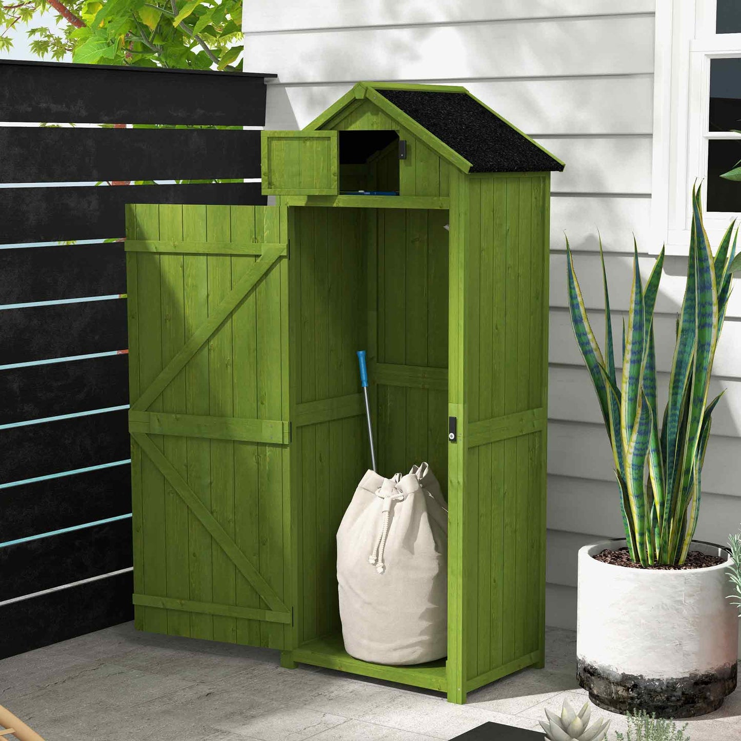 Wooden Garden Shed, Utility Outdoor Small Shed with Lockable Double Doors, Shelves and Roof Hatch, Dark Green