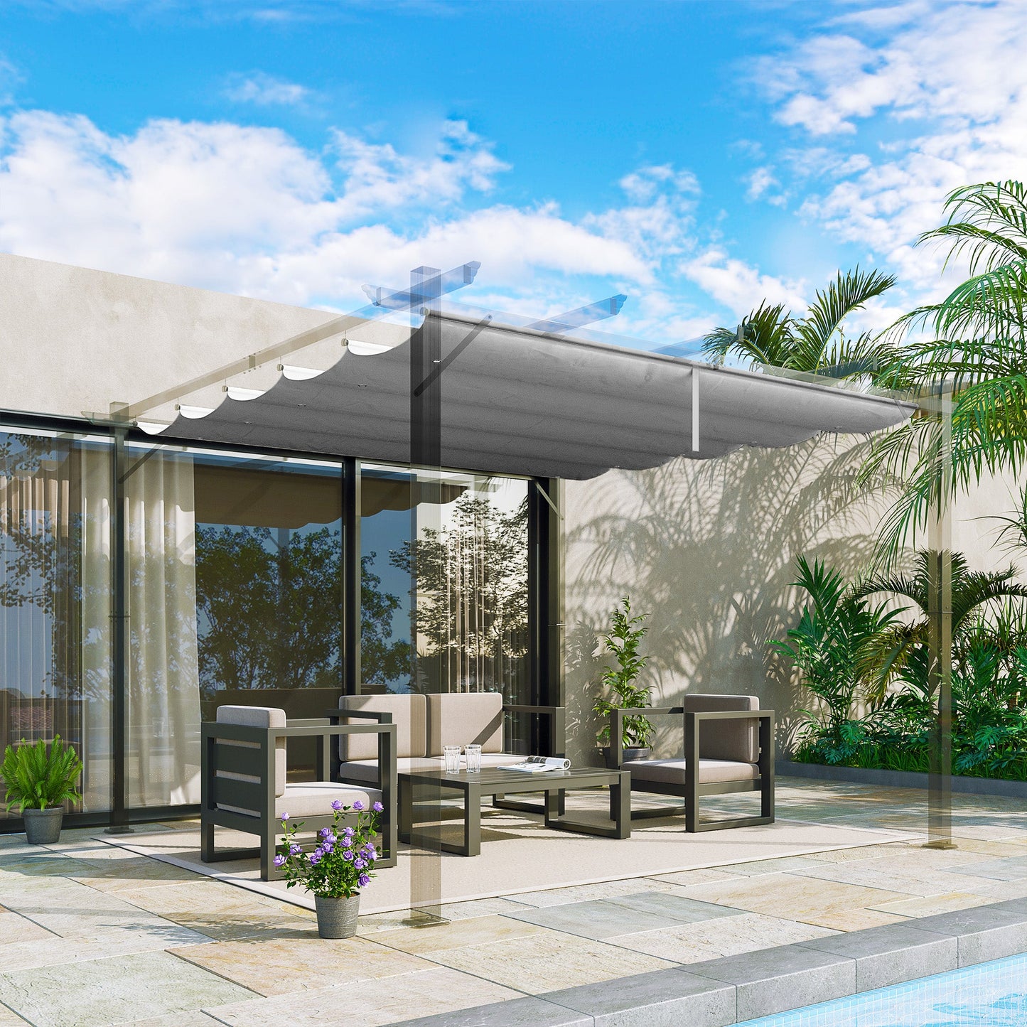 Retractable Pergola Shade Cover, Replacement Canopy Fabric for 3 x 3 (m) Pergola, Gazebo Retractable Roof, Light Grey