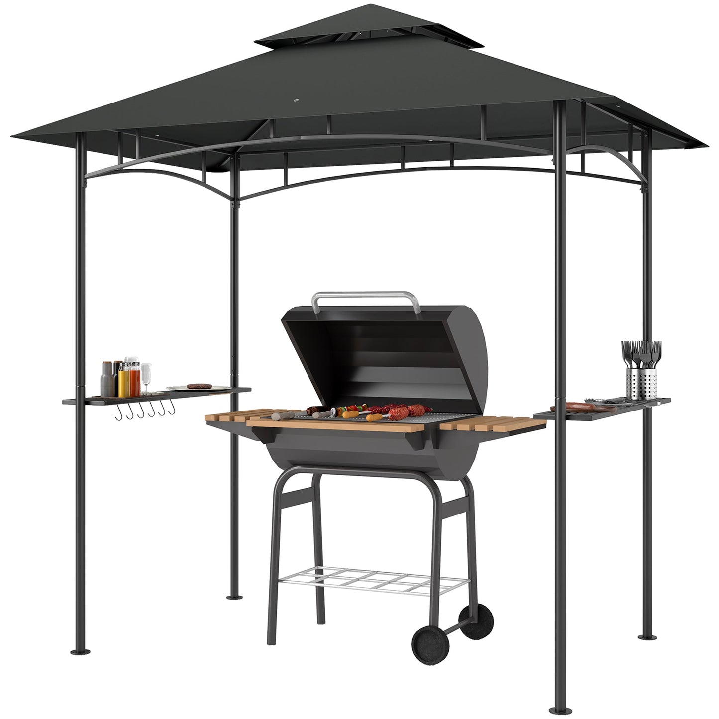 2.4 x 1.5 m (8' x 5') Grill Gazebo Canopy with LED Lights, Double Tiered Outdoor BBQ Gazebo Shelter with 2 Side Shelves, Storage Basket and Hooks for Garden, Barbecue, Picnic, Dark Grey