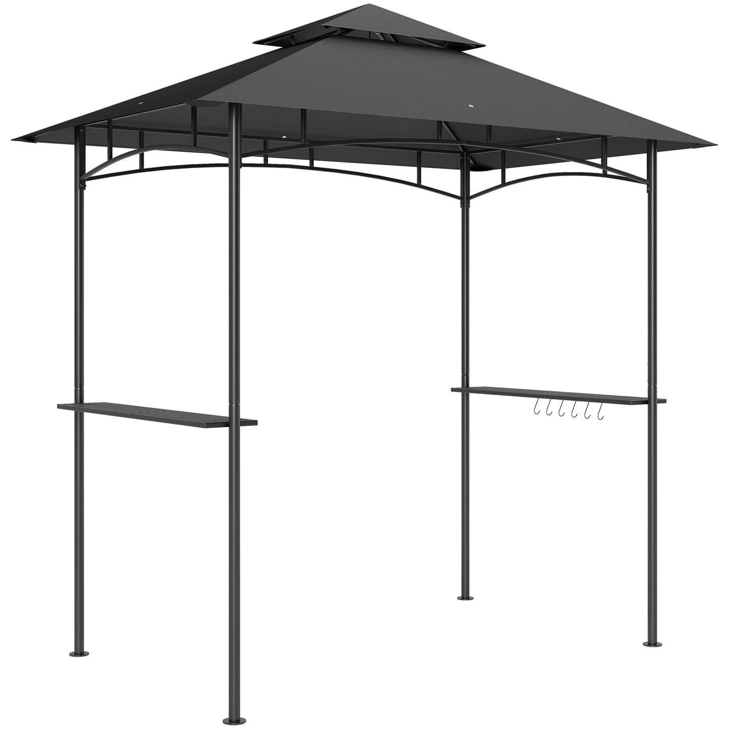 2.4 x 1.5 m (8' x 5') Grill Gazebo Canopy with LED Lights, Double Tiered Outdoor BBQ Gazebo Shelter with 2 Side Shelves, Storage Basket and Hooks for Garden, Barbecue, Picnic, Dark Grey