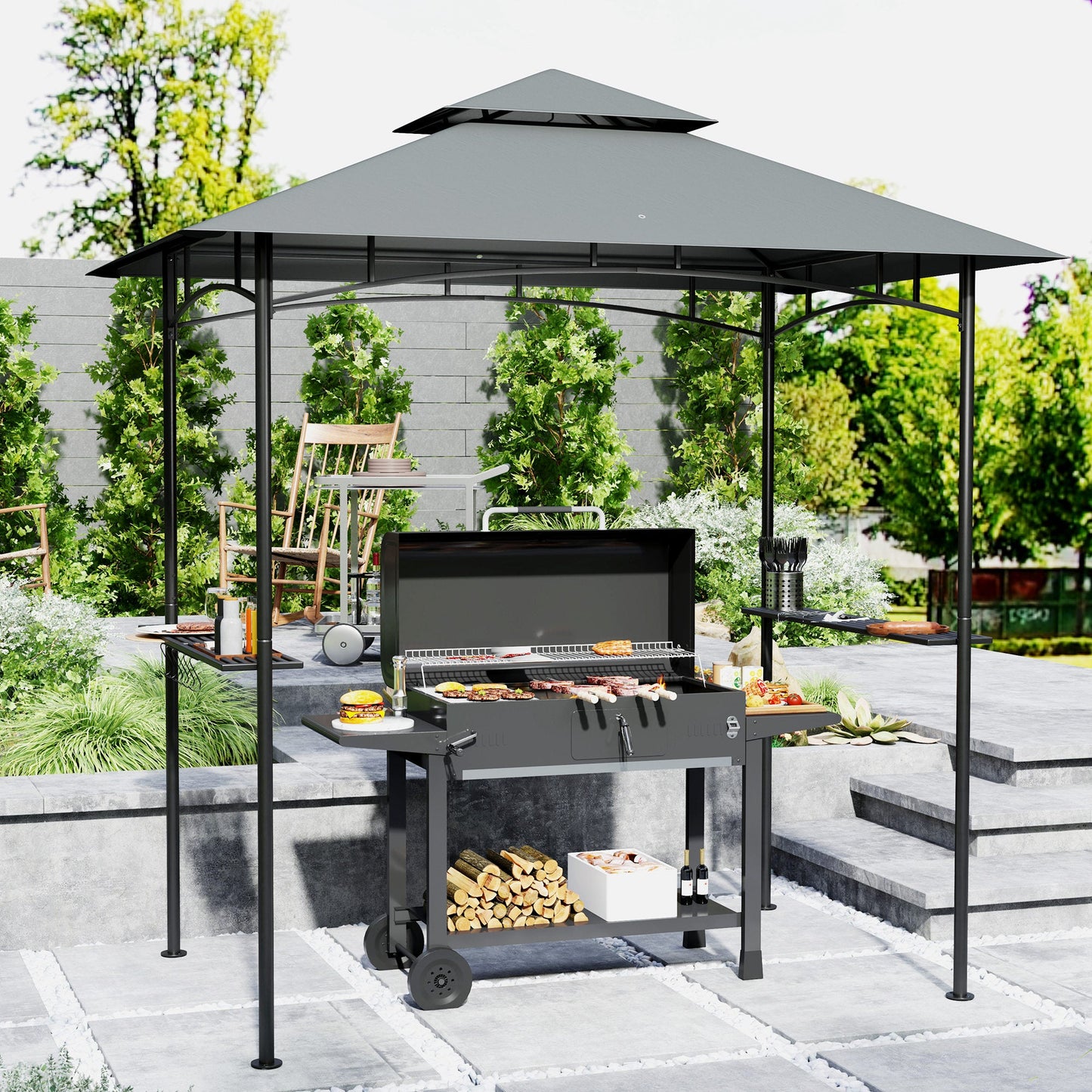 2.4 x 1.5 m (8' x 5') Grill Gazebo Canopy with LED Lights, Double Tiered Outdoor BBQ Gazebo Shelter with 2 Side Shelves, Storage Basket and Hooks for Garden, Barbecue, Picnic, Dark Grey