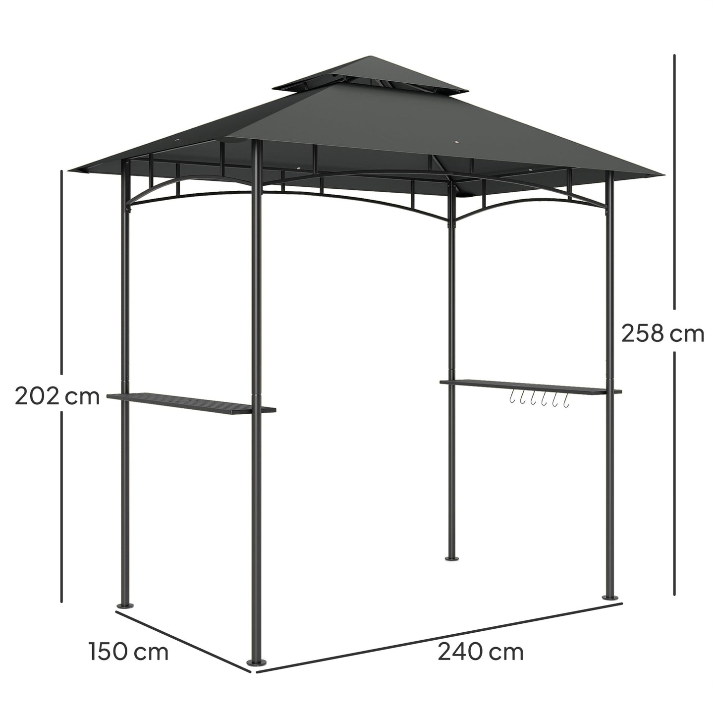 2.4 x 1.5 m (8' x 5') Grill Gazebo Canopy with LED Lights, Double Tiered Outdoor BBQ Gazebo Shelter with 2 Side Shelves, Storage Basket and Hooks for Garden, Barbecue, Picnic, Dark Grey