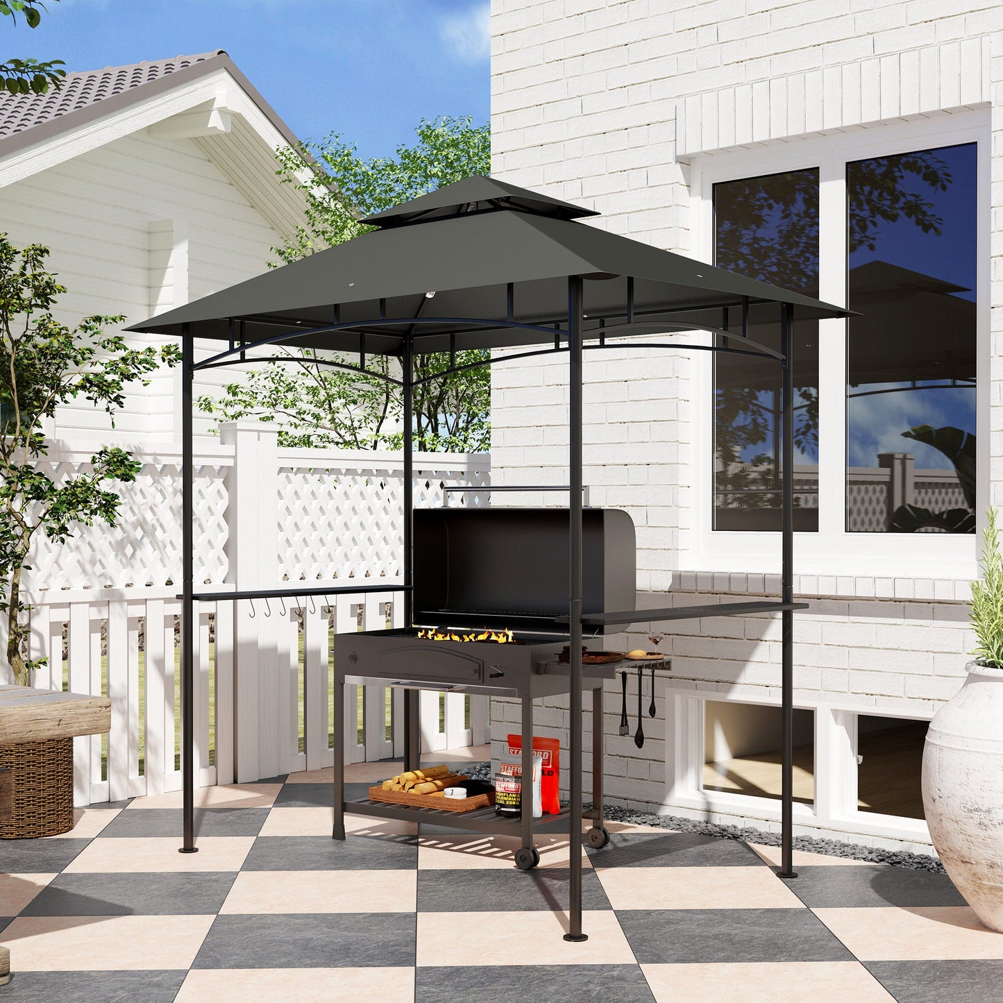 2.4 x 1.5 m (8' x 5') Grill Gazebo Canopy with LED Lights, Double Tiered Outdoor BBQ Gazebo Shelter with 2 Side Shelves, Storage Basket and Hooks for Garden, Barbecue, Picnic, Dark Grey