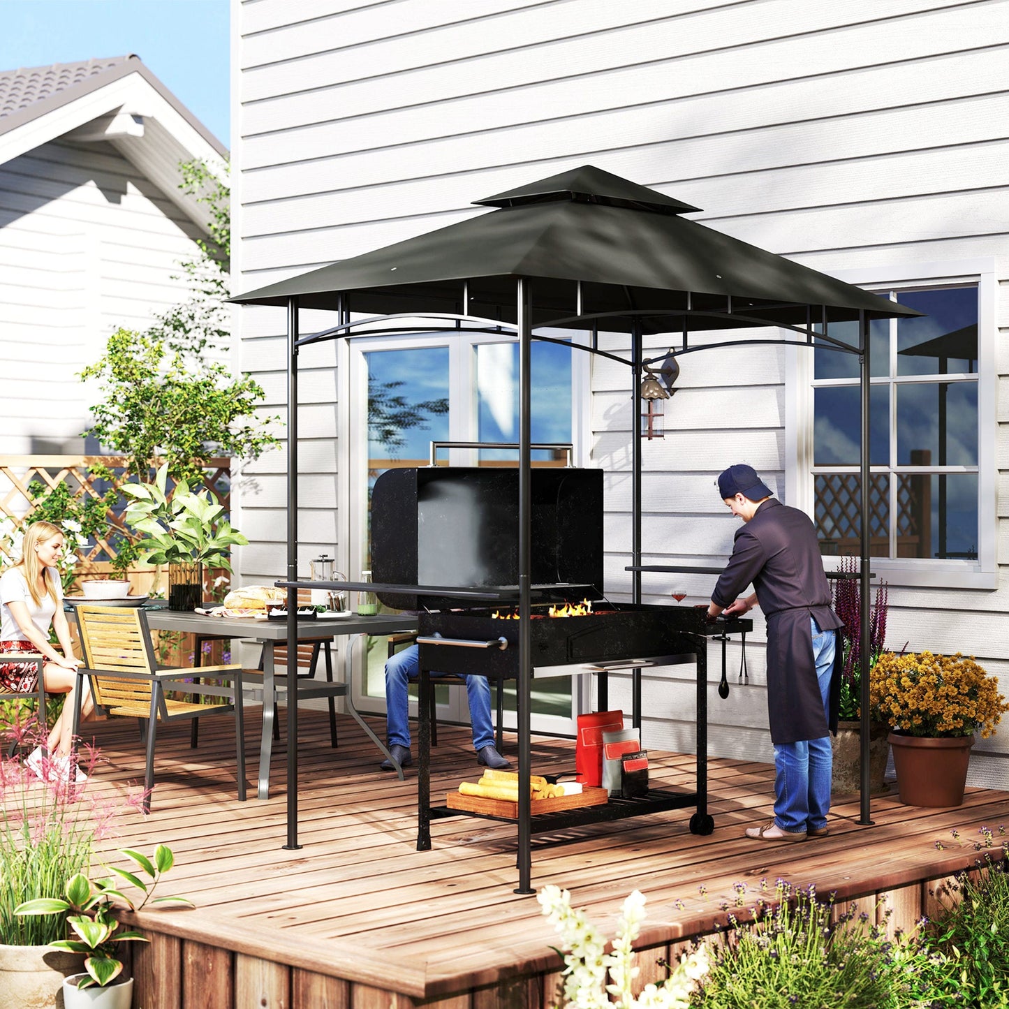 2.4 x 1.5 m (8' x 5') Grill Gazebo Canopy with LED Lights, Double Tiered Outdoor BBQ Gazebo Shelter with 2 Side Shelves, Storage Basket and Hooks for Garden, Barbecue, Picnic, Dark Grey