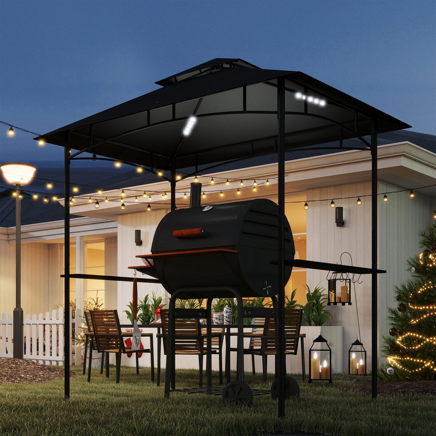 2.4 x 1.5 m (8' x 5') Grill Gazebo Canopy with LED Lights, Double Tiered Outdoor BBQ Gazebo Shelter with 2 Side Shelves, Storage Basket and Hooks for Garden, Barbecue, Picnic, Dark Grey