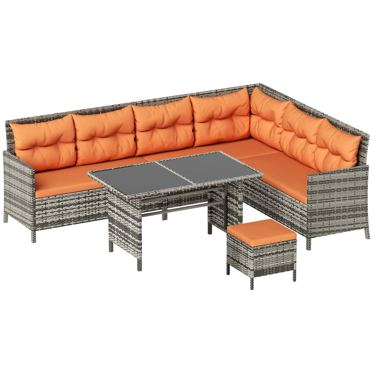 6 Pieces Rattan Garden Furniture Set, 8-Seater Garden Corner Sofa Set with 3 Loveseats, Glass Top Table, Footstools, Outdoor Conservatory Furniture with Cushions for Patio, Orange