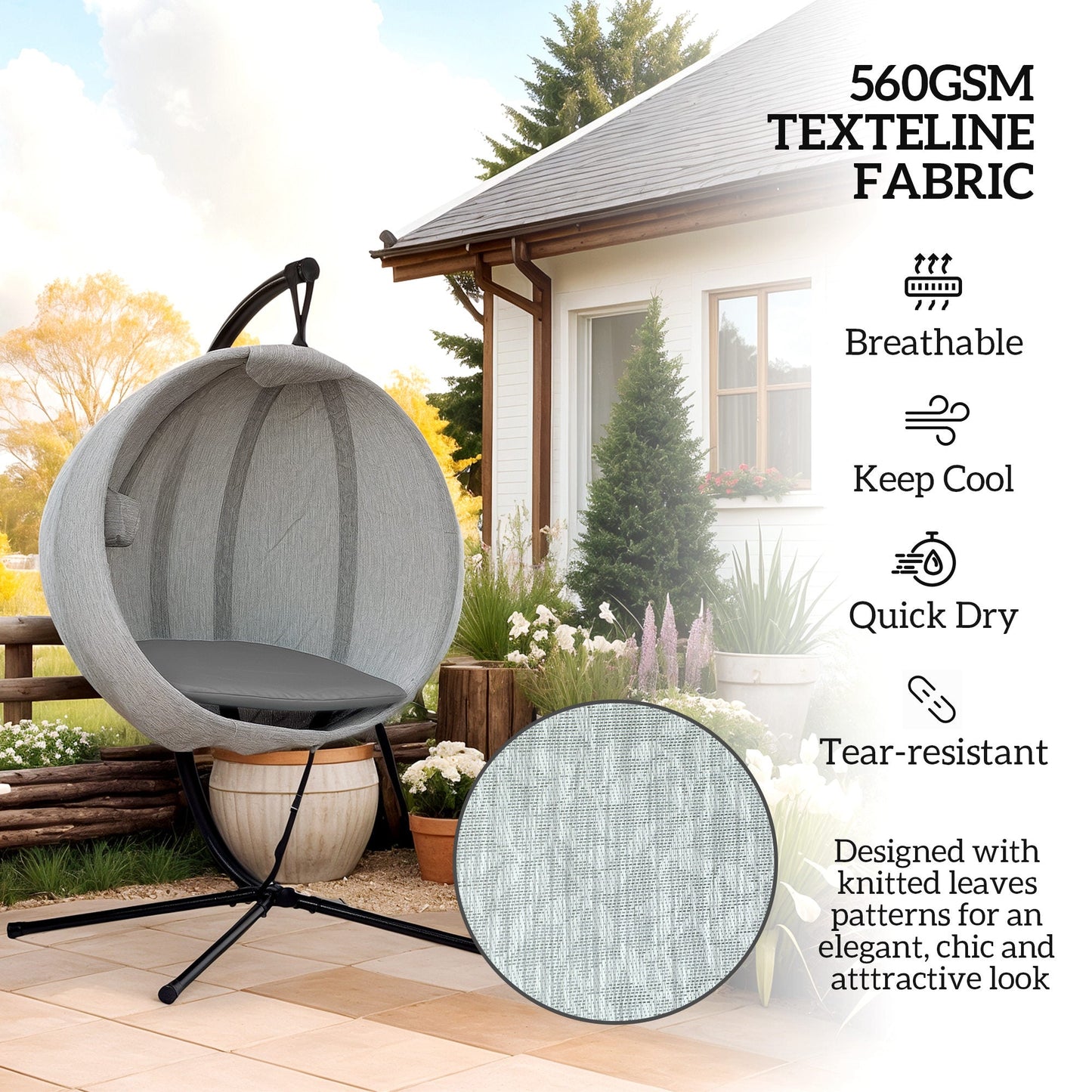 Hanging Egg Chair Outdoor Indoor Garden Swing Chair with Folding Basket, Garden Hanging Chair with Stand, Thickened Cushion, Cup Holder for Patio, Balcony, Grey