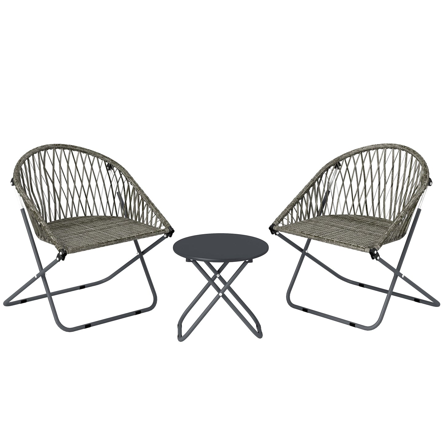 3 Pieces Patio Bistro Set, Folding Garden Furniture Set for 2 with Metal Top Coffee Table and Rattan Chairs for Outdoor, Balcony, Grey