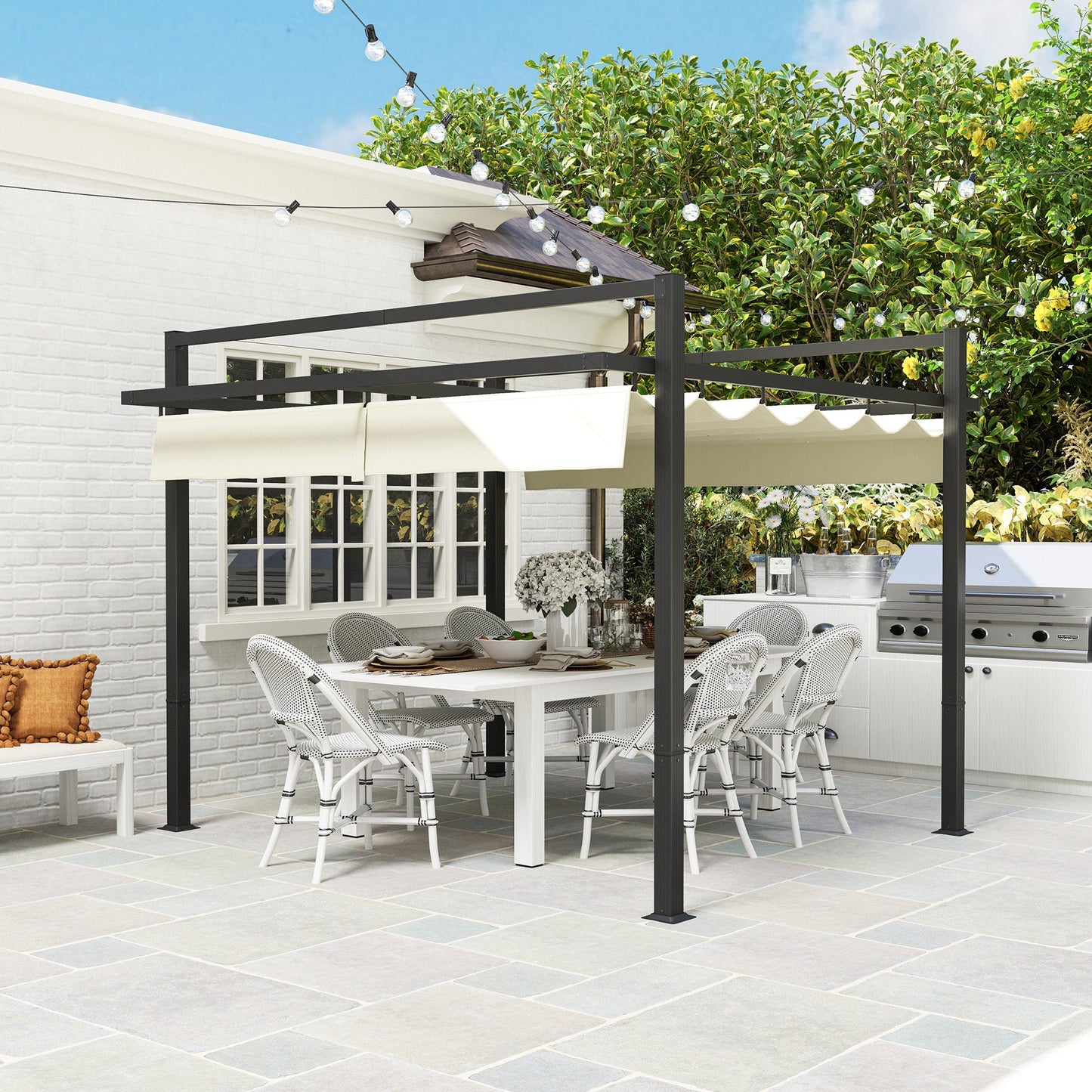 3 x 3(m) Pergola with Retractable Roof Canopy, Aluminium Frame Garden Gazebo Outdoor Sun Shade Shelter for Grill, Patio, Deck, Khaki