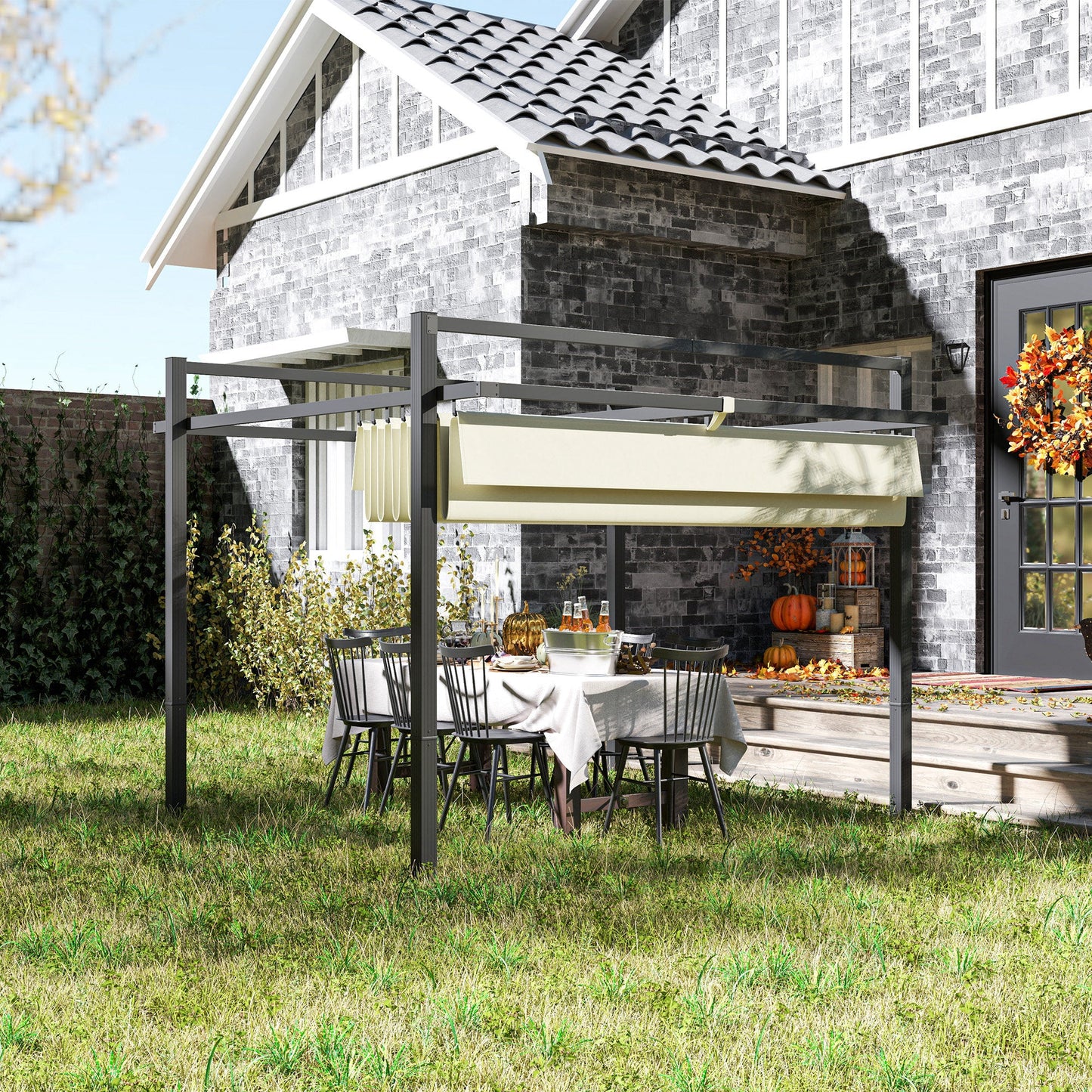 3 x 3(m) Pergola with Retractable Roof Canopy, Aluminium Frame Garden Gazebo Outdoor Sun Shade Shelter for Grill, Patio, Deck, Khaki