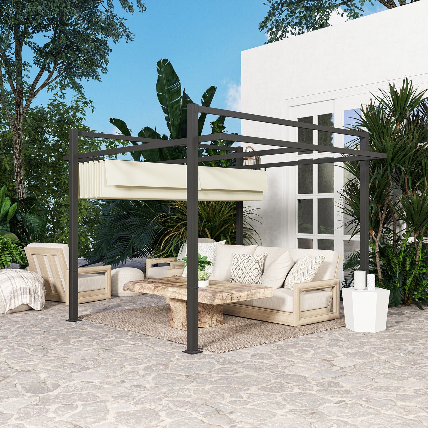 3 x 3(m) Pergola with Retractable Roof Canopy, Aluminium Frame Garden Gazebo Outdoor Sun Shade Shelter for Grill, Patio, Deck, Khaki