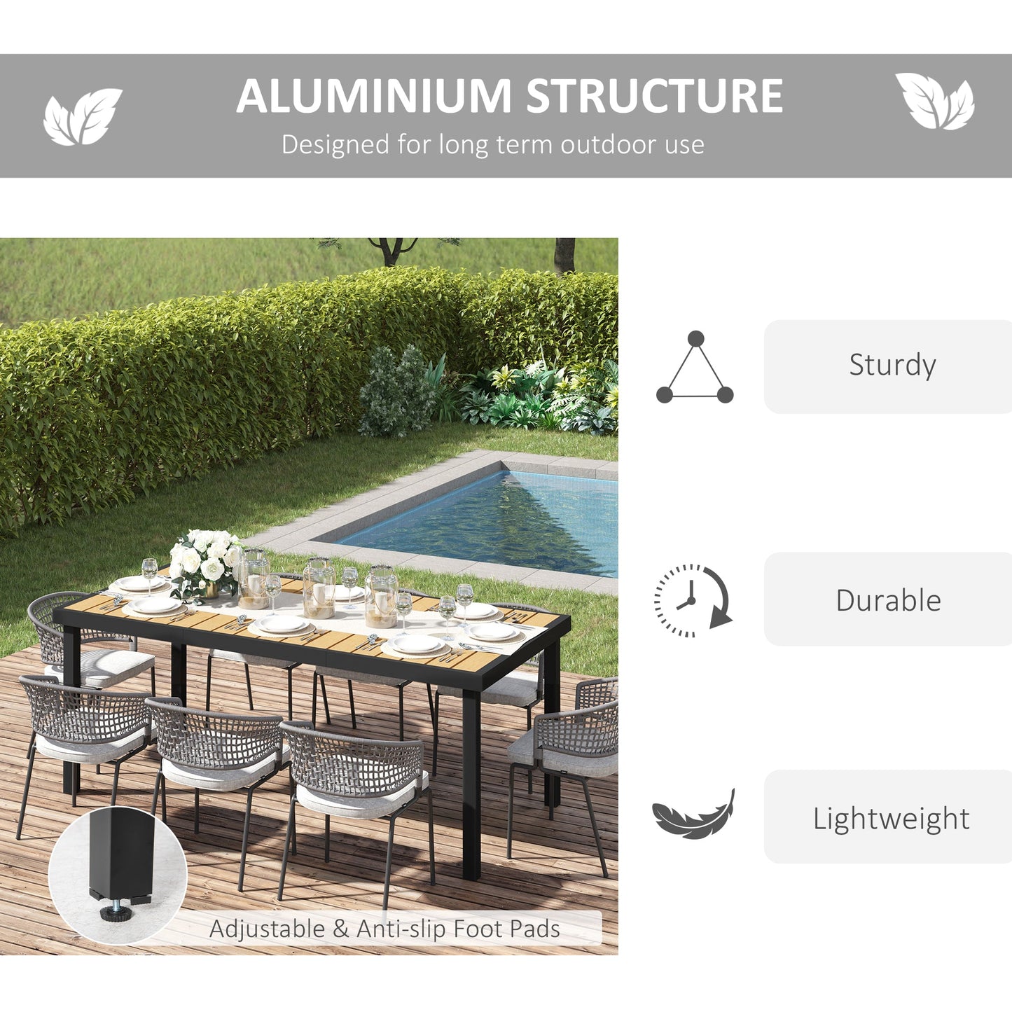 Garden Table for 8 People, Rectangular Aluminium Outdoor Dining Table with All-Weather Faux Wood Top for Garden, Patio, 190 x 90 x 74 cm, Natural