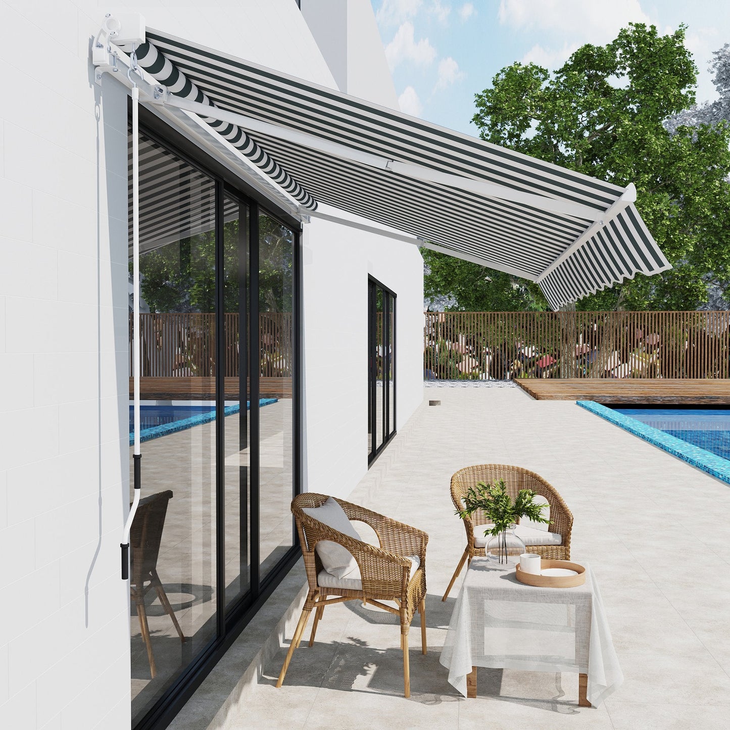 2.5m x 2m Garden Patio Manual Awning Canopy Sun Shade Shelter Retractable with Winding Handle Green White