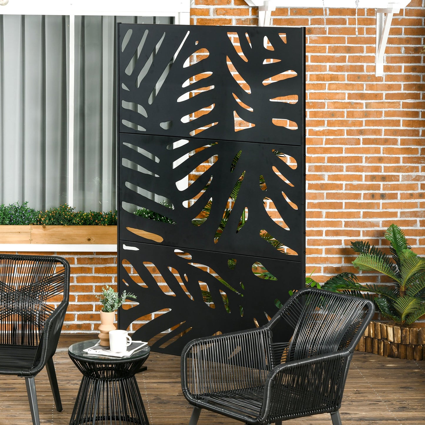Decorative Garden Privacy Screen with Stand, 6.5FT Freestanding Metal Outdoor Divider, Decorative Privacy Panel with Expansion Screws for Garden Pool Hot Tub, Large Leaves Style, Black