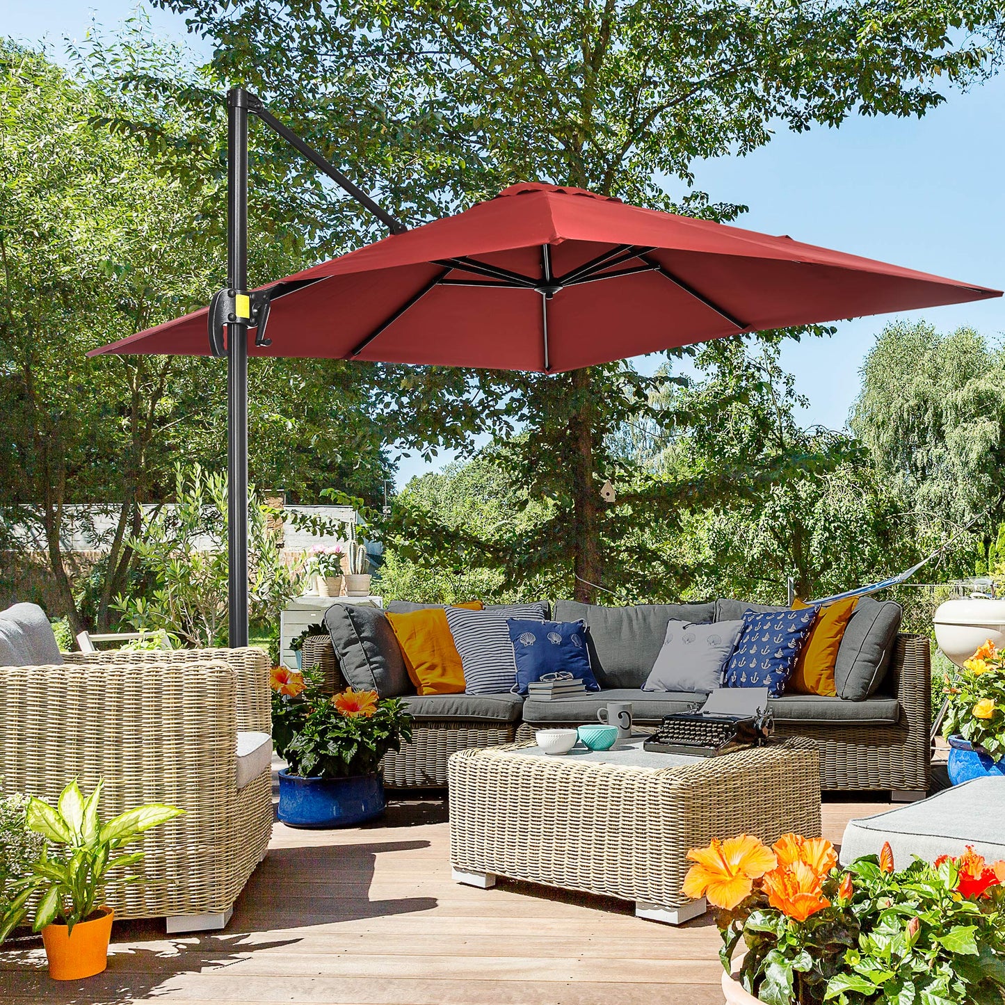 2.5 x 2.5m Patio Offset Parasol Umbrella Cantilever Hanging Aluminium Sun Shade Canopy Shelter 360° Rotation with Crank Handle and Cross Base, Wine Red