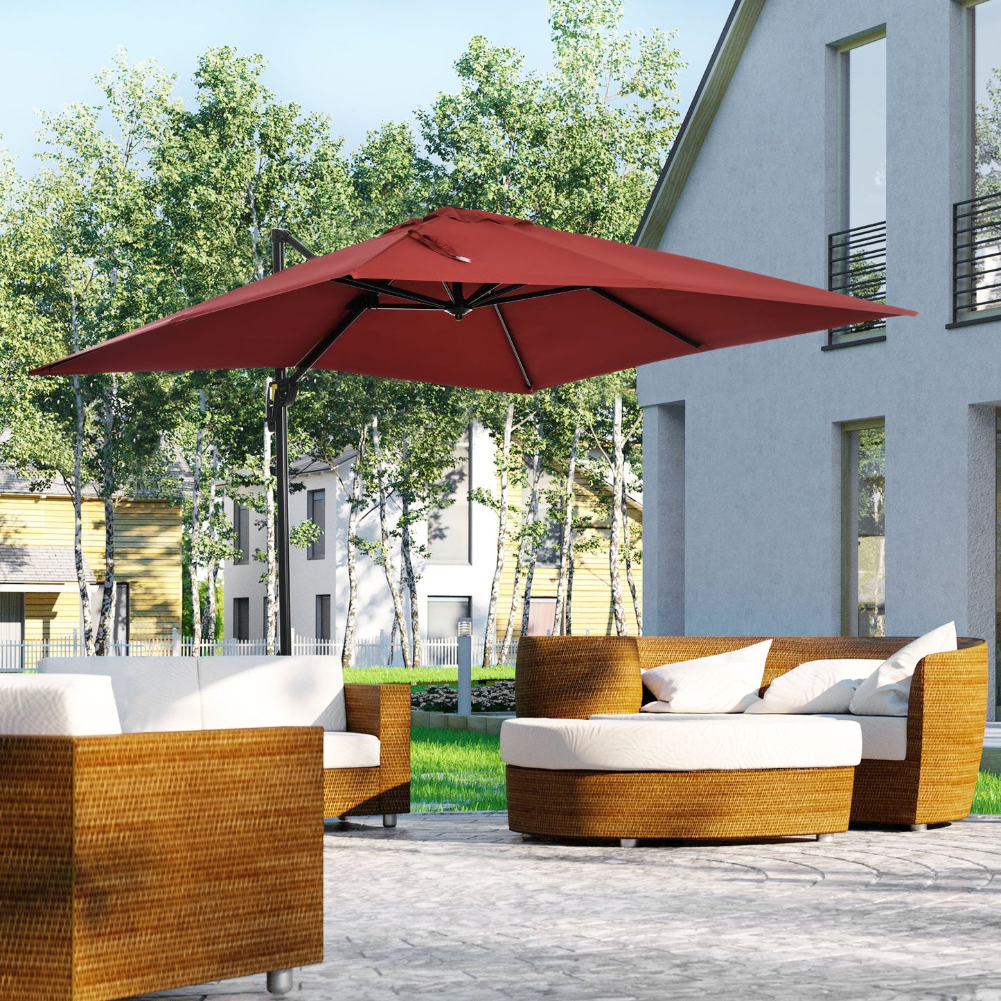 2.5 x 2.5m Patio Offset Parasol Umbrella Cantilever Hanging Aluminium Sun Shade Canopy Shelter 360° Rotation with Crank Handle and Cross Base, Wine Red