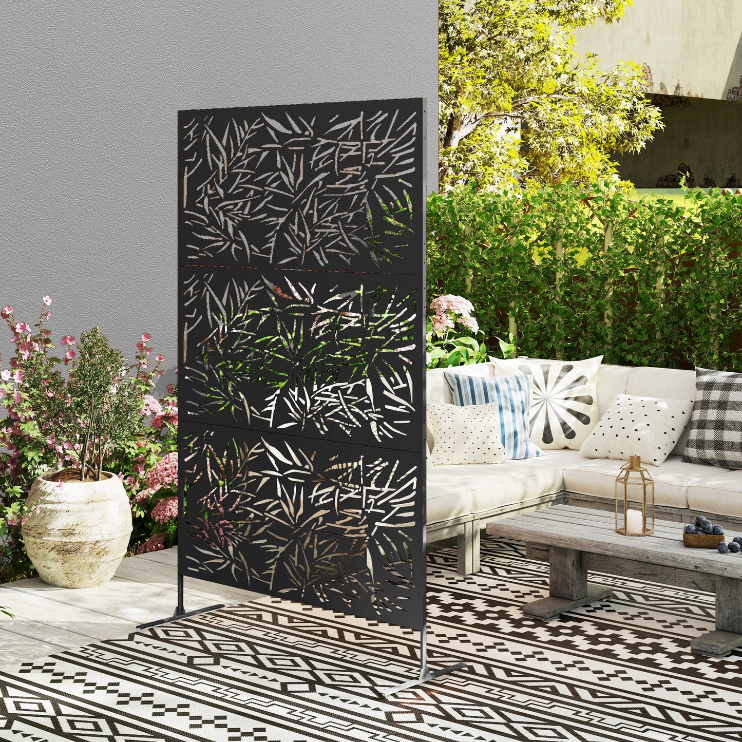 Decorative Garden Privacy Screen with Stand, 6.5FT Freestanding Metal Outdoor Divider, Decorative Privacy Panel with Expansion Screws for Garden Pool Hot Tub, Bamboo Style, Black