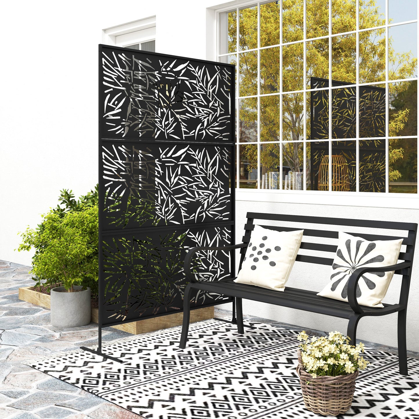 Decorative Garden Privacy Screen with Stand, 6.5FT Freestanding Metal Outdoor Divider, Decorative Privacy Panel with Expansion Screws for Garden Pool Hot Tub, Bamboo Style, Black