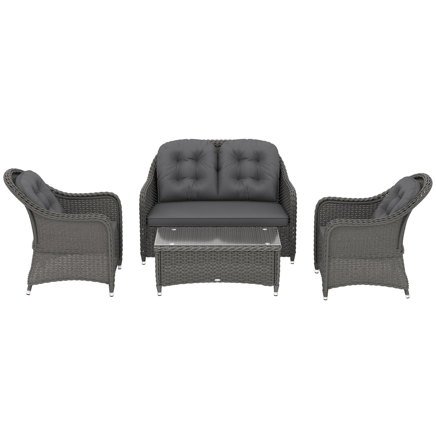 4 Pieces Outdoor PE Rattan Garden Furniture with Cushions, Patio Special Hand Weave Wicker Conservatory Sofa Set with Glass Top Coffee Table, Light Grey