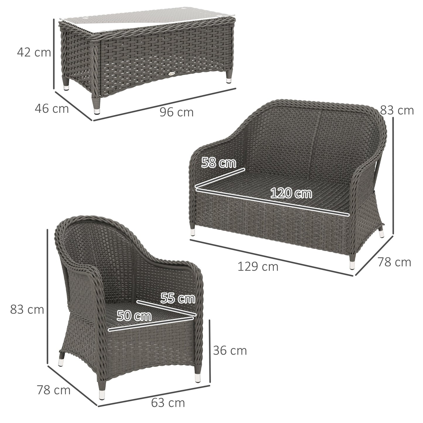 4 Pieces Outdoor PE Rattan Garden Furniture with Cushions, Patio Special Hand Weave Wicker Conservatory Sofa Set with Glass Top Coffee Table, Light Grey