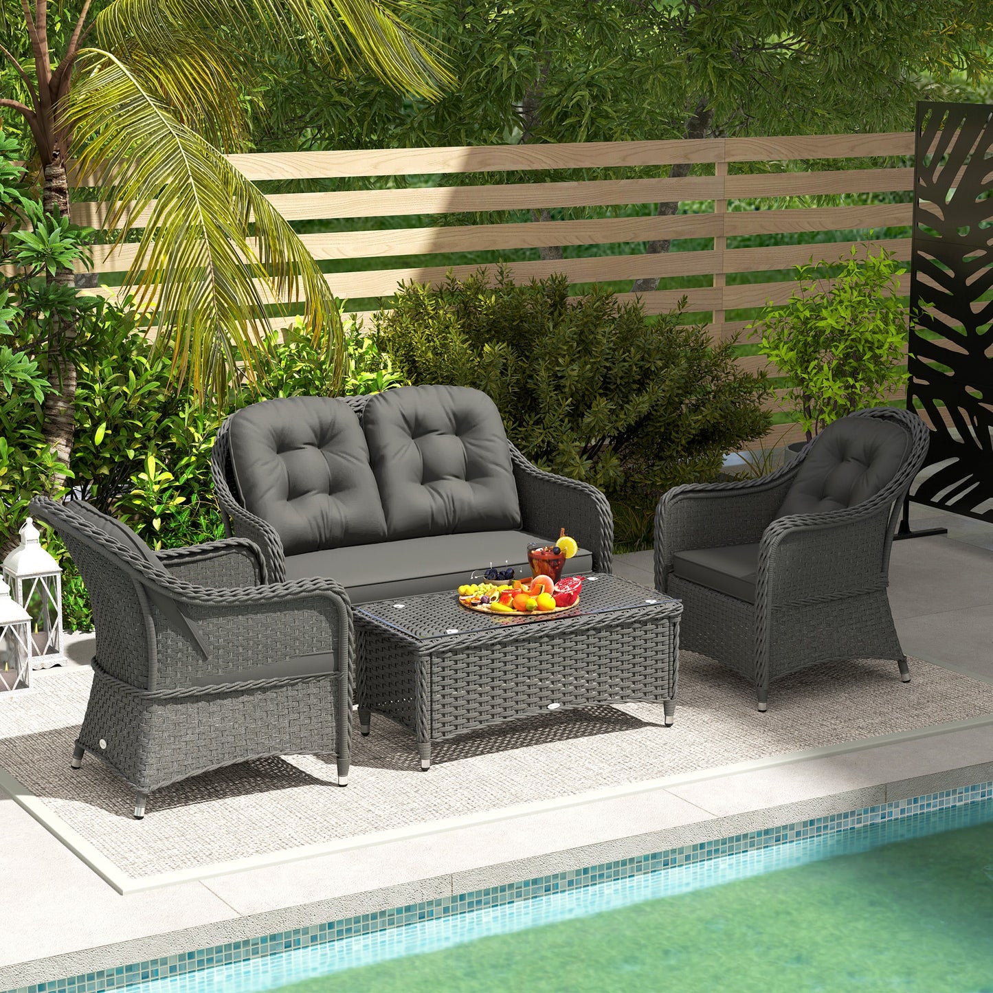 4 Pieces Outdoor PE Rattan Garden Furniture with Cushions, Patio Special Hand Weave Wicker Conservatory Sofa Set with Glass Top Coffee Table, Light Grey