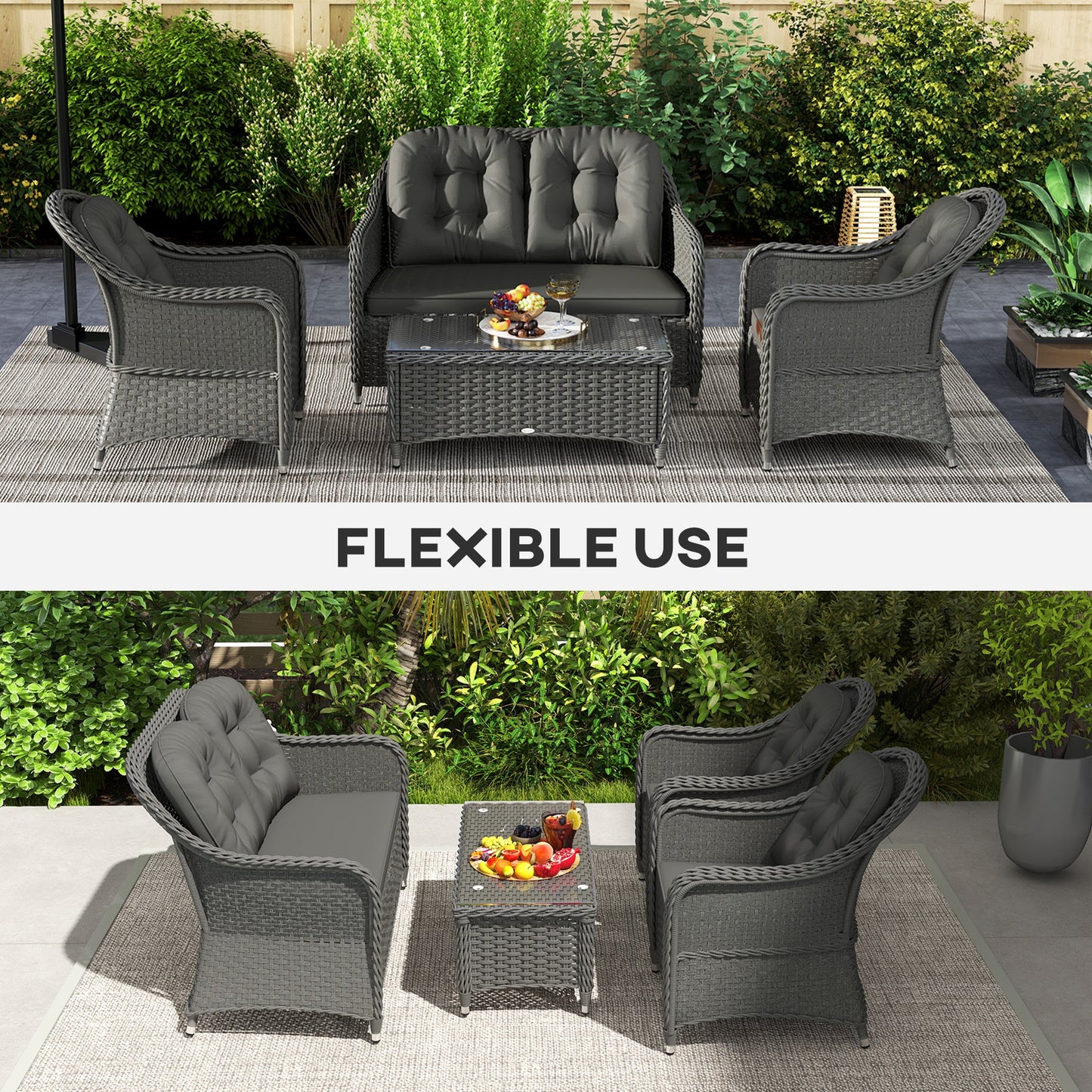 4 Pieces Outdoor PE Rattan Garden Furniture with Cushions, Patio Special Hand Weave Wicker Conservatory Sofa Set with Glass Top Coffee Table, Light Grey